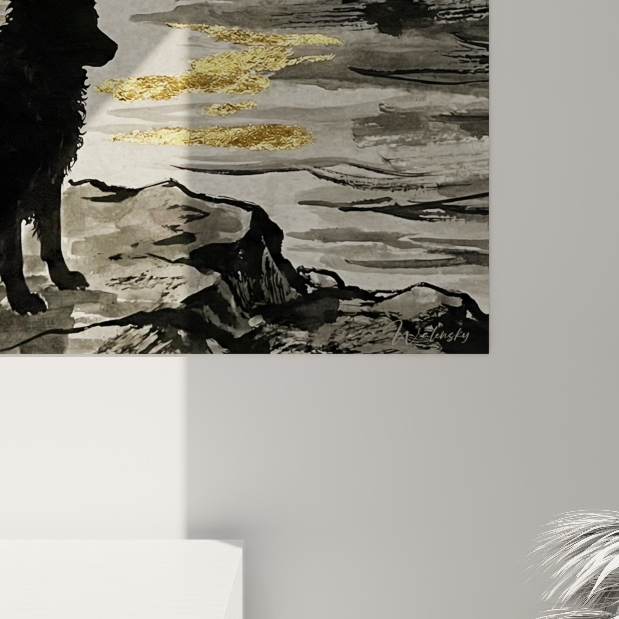 Vue ensemble tableau Mudi contemplation nocturne salon decoration murale moderne gris dore nature paisible