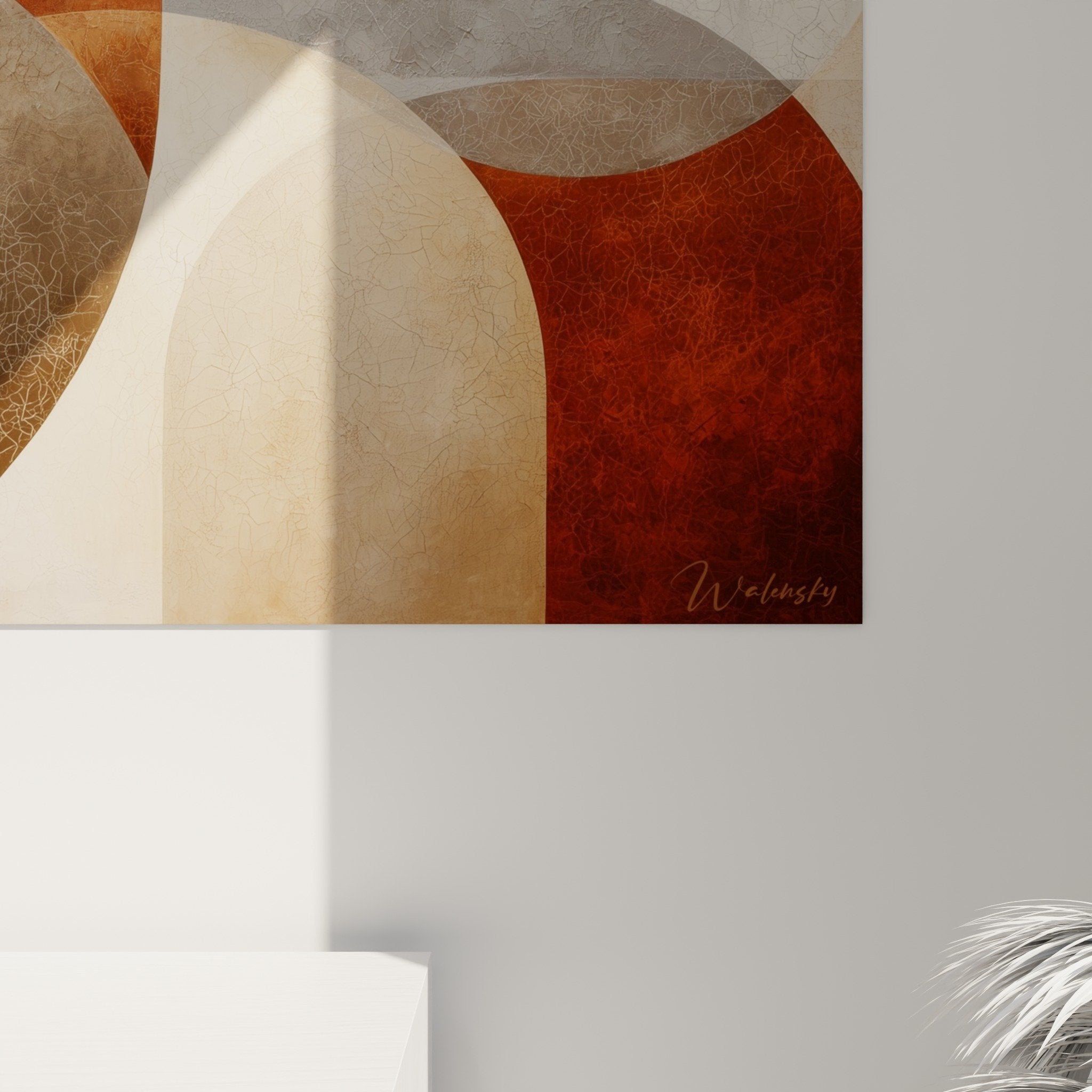 Abstract painting living room view wall decoration organic shapes earthy color palette
