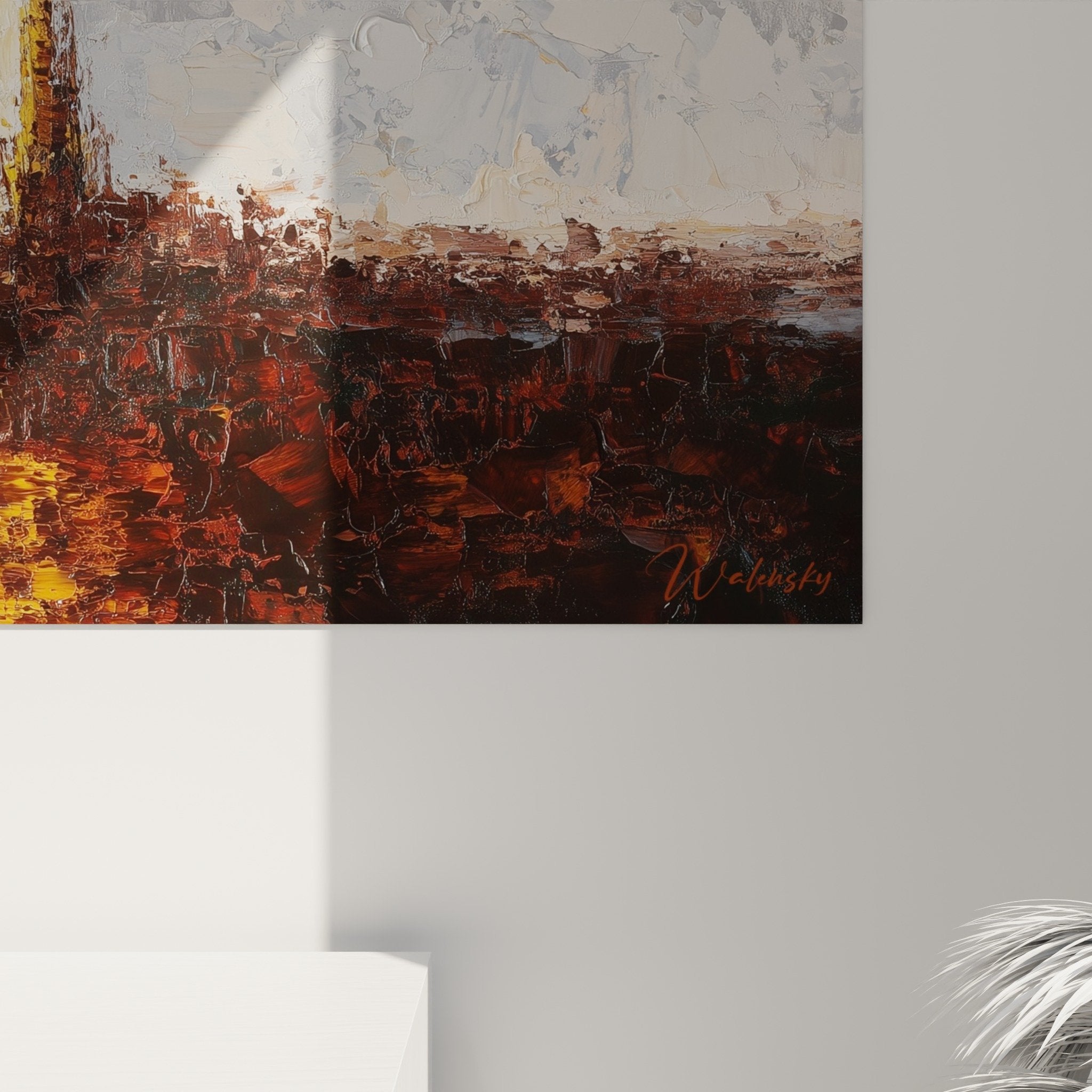 Vue ensemble tableau abstrait ocre brun salon décoration murale feng shui centre terre intérieur contemporain