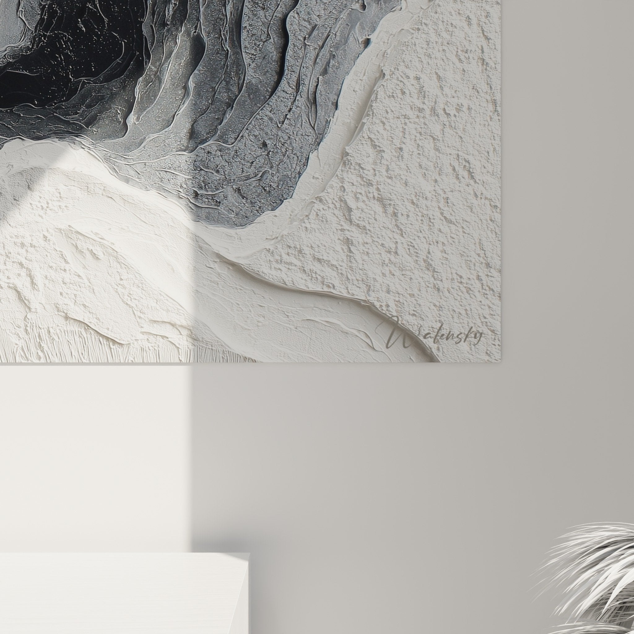 Full view abstract waves painting black white gray modern living room feng shui metal decor