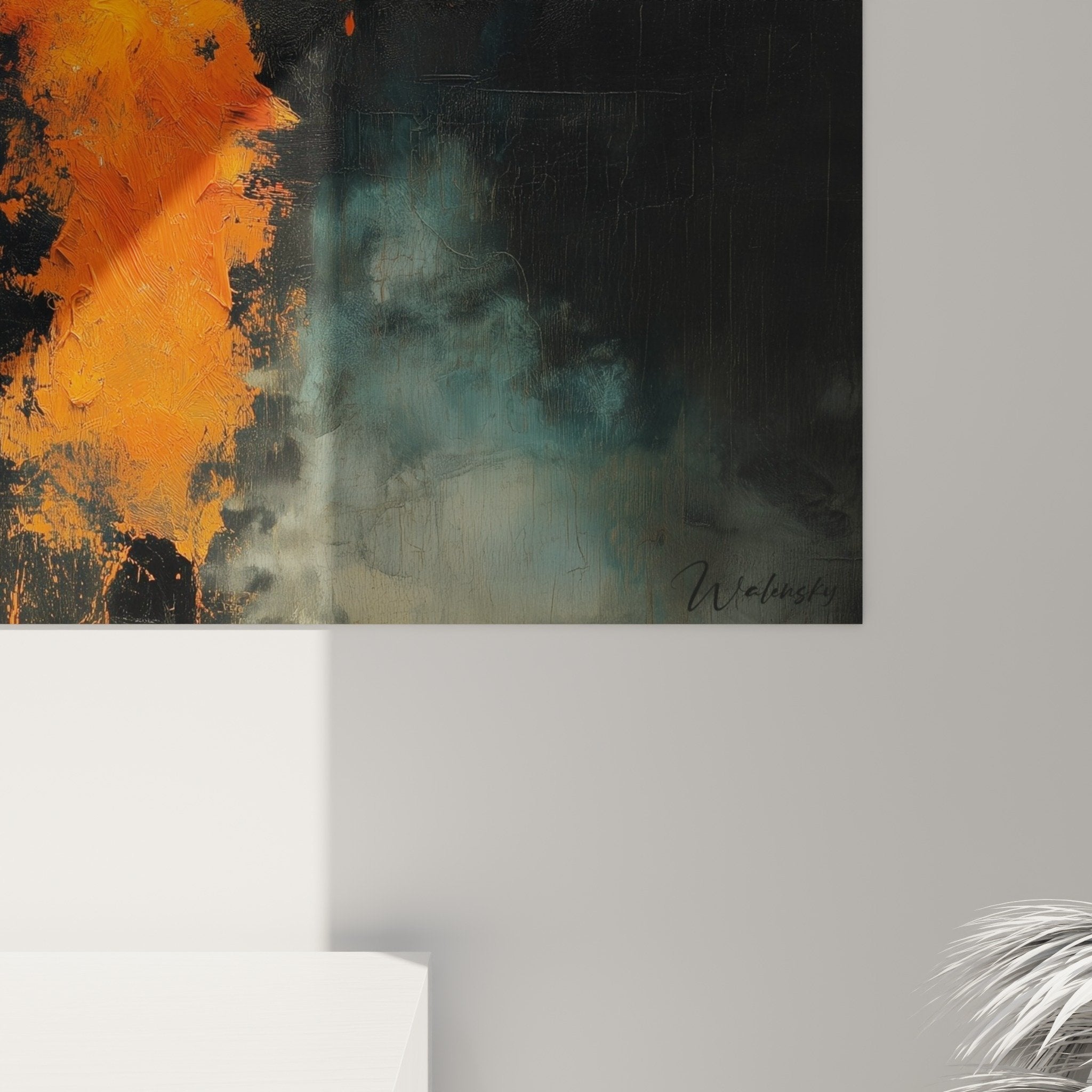 Overall view of orange explosion wall art in living room with feng shui south fire element contemporary ambiance