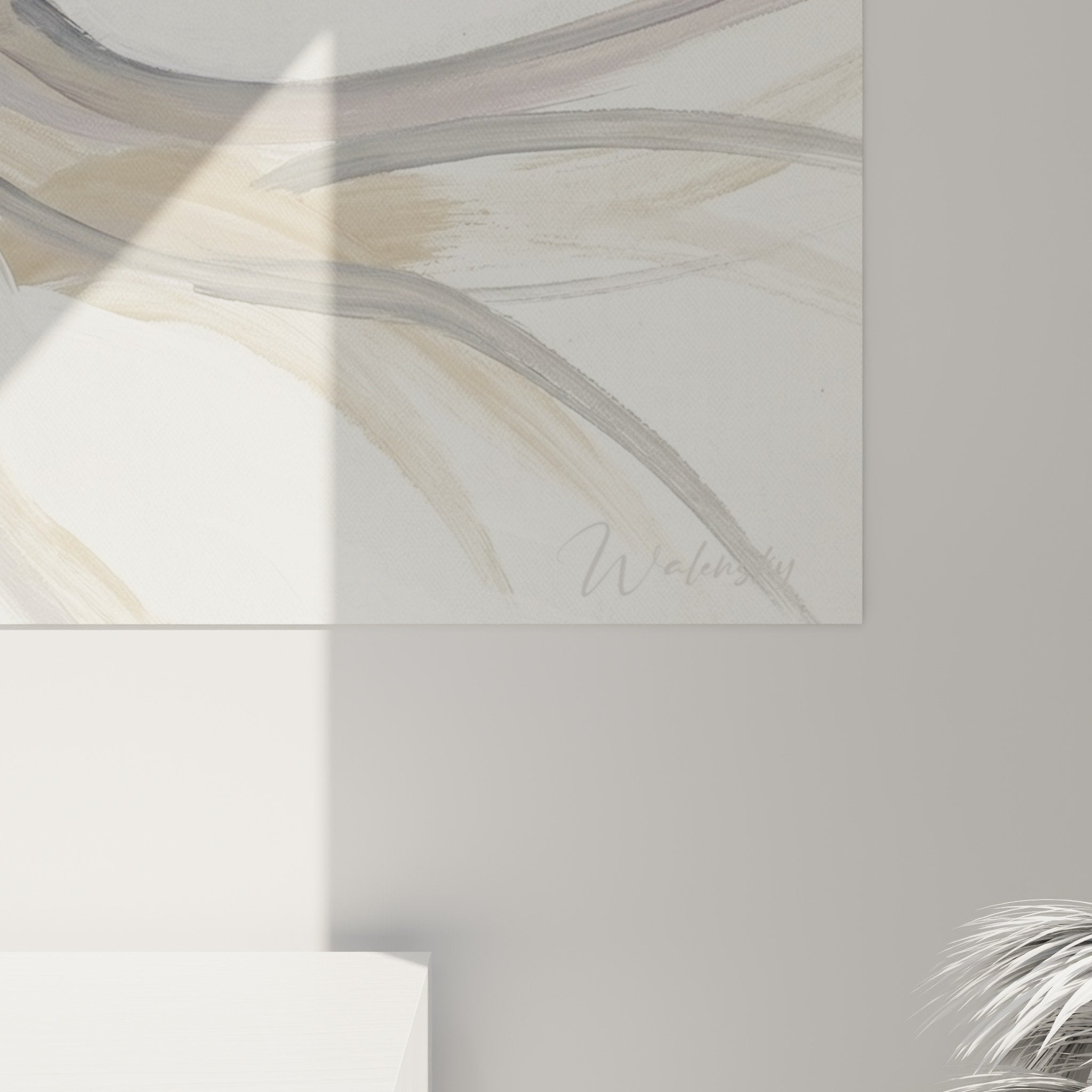 Gesamtansicht abstraktes Seeigel-Gemälde grau beige modernes Wohnzimmer zeitgenössische Wanddekoration organische Radialkunst