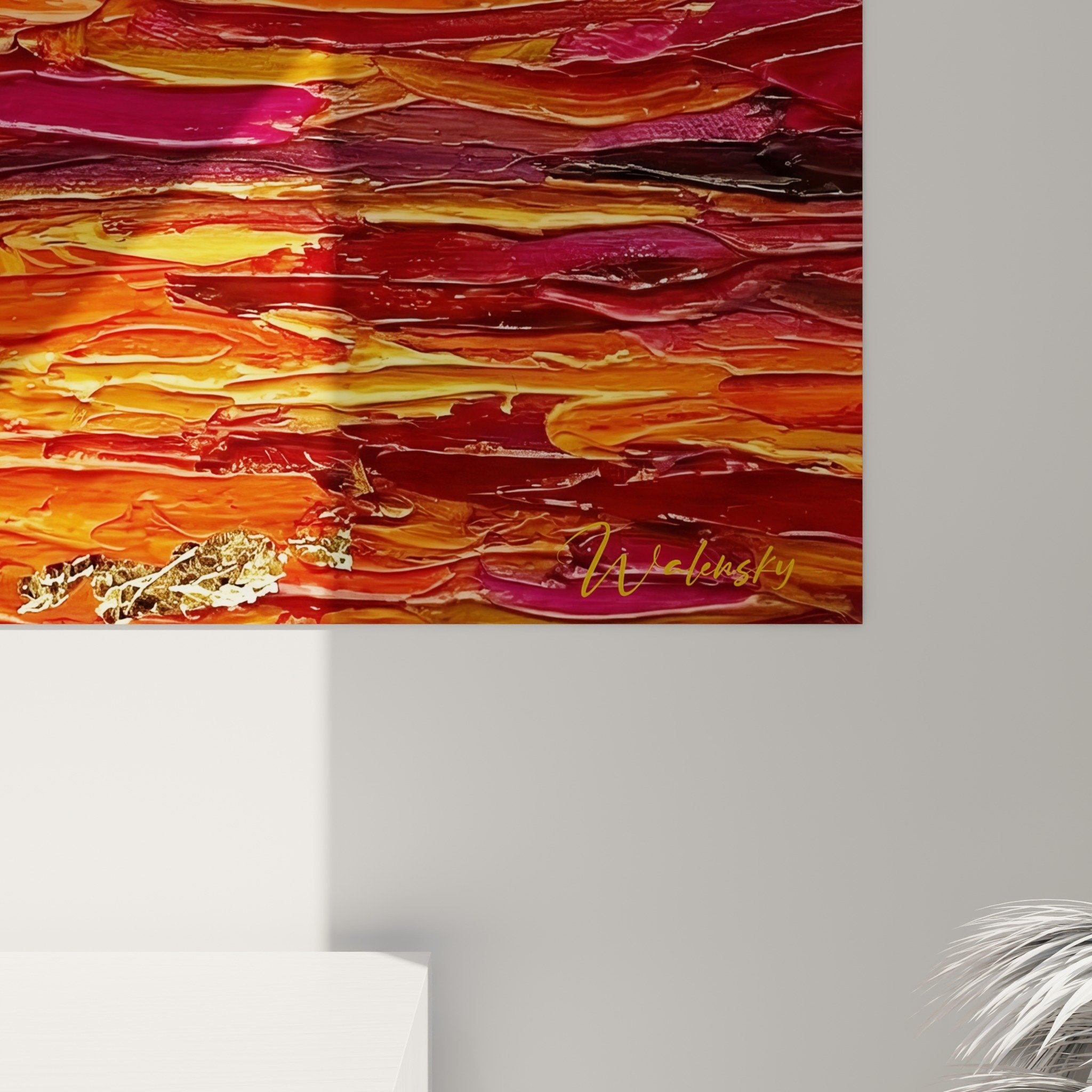 Vue ensemble tableau mural paddle salon décoration intérieur couleurs chaudes oranges