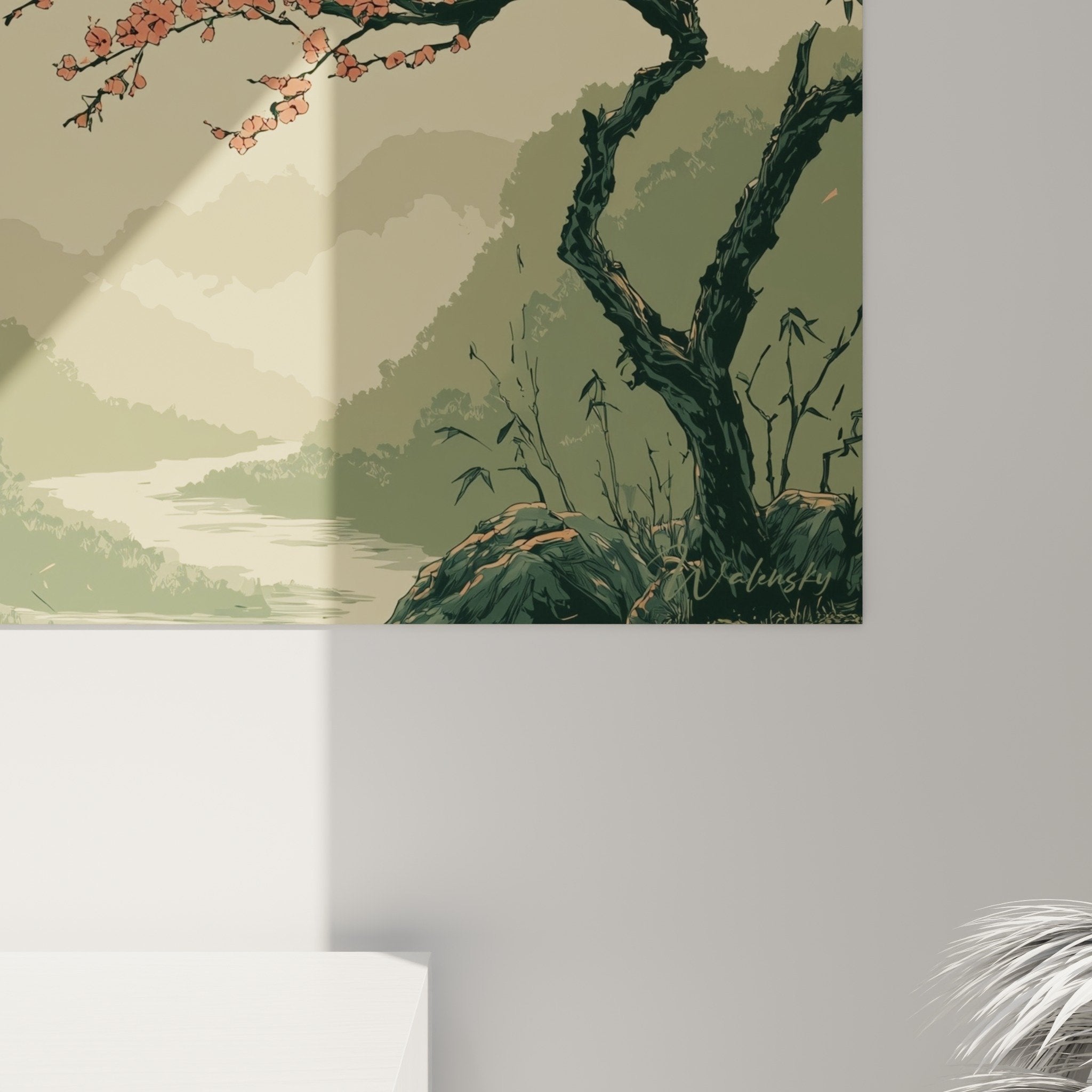 Vue ensemble tableau japonais lanterne cerisier fleurs salon decoration murale paysage montagne brume