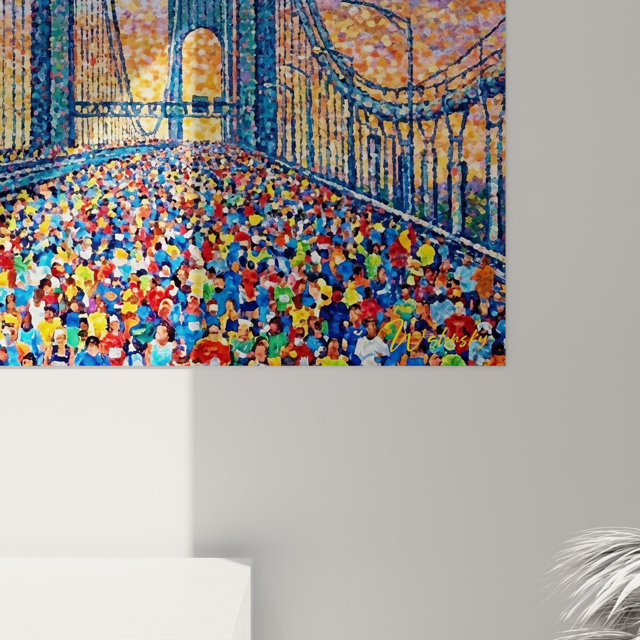 Gesamtansicht Gemälde urbane Brücke zeitgenössisches Wohnzimmer Wanddekoration farbiger Pointillismus Saten Island