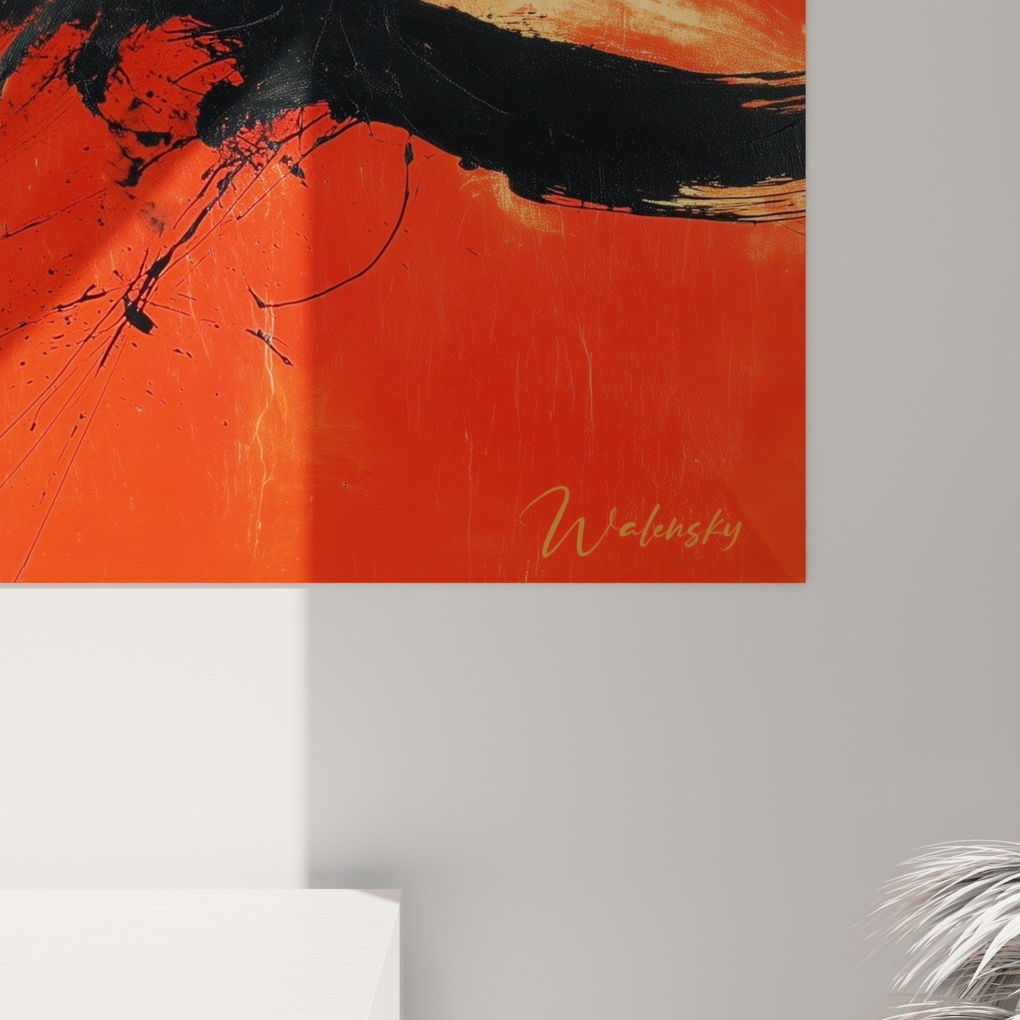 vue ensemble tableau abstrait rouge dans salon contemporain decoration murale