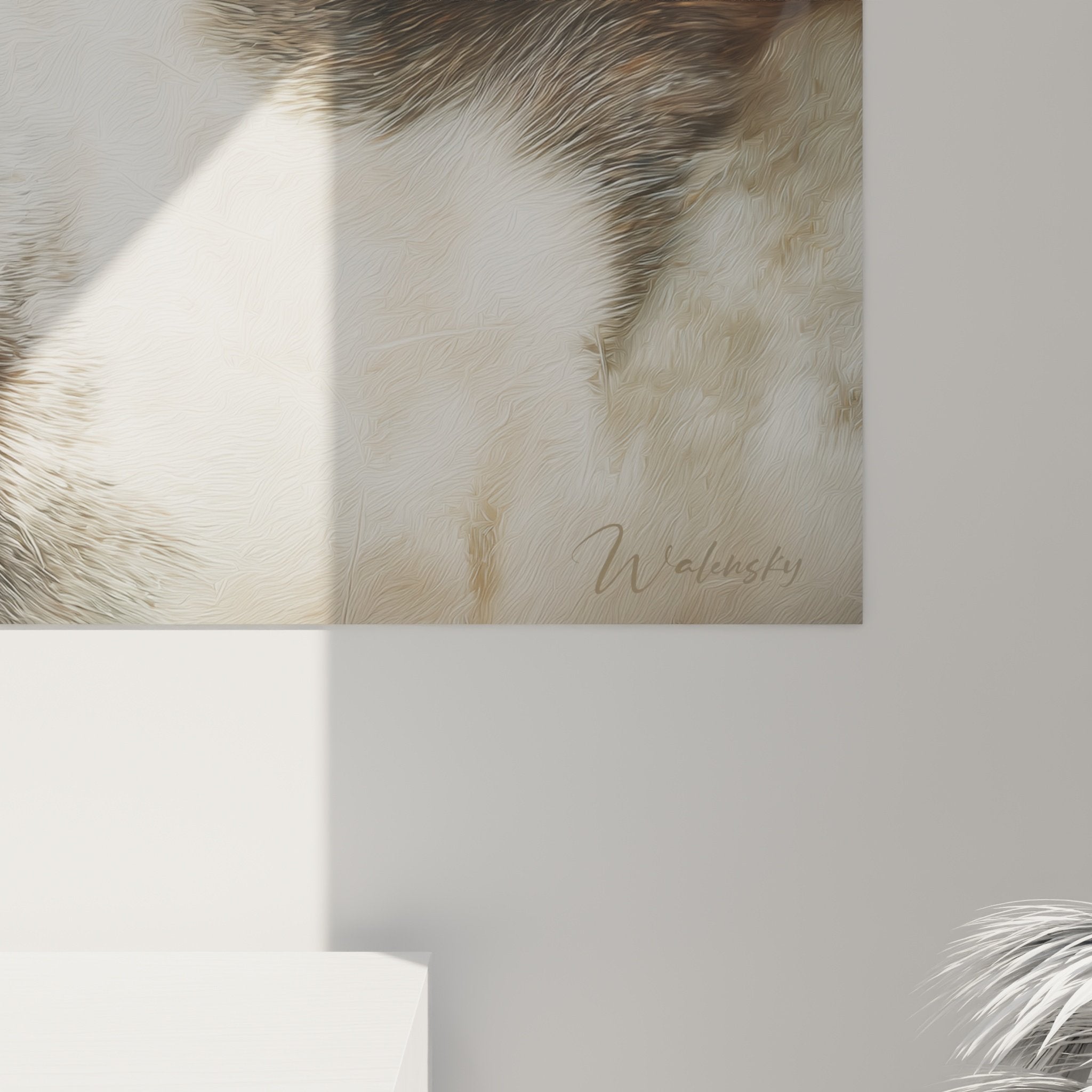 Vue ensemble tableau Saint Bernard gros plan museau dans salon decoration murale