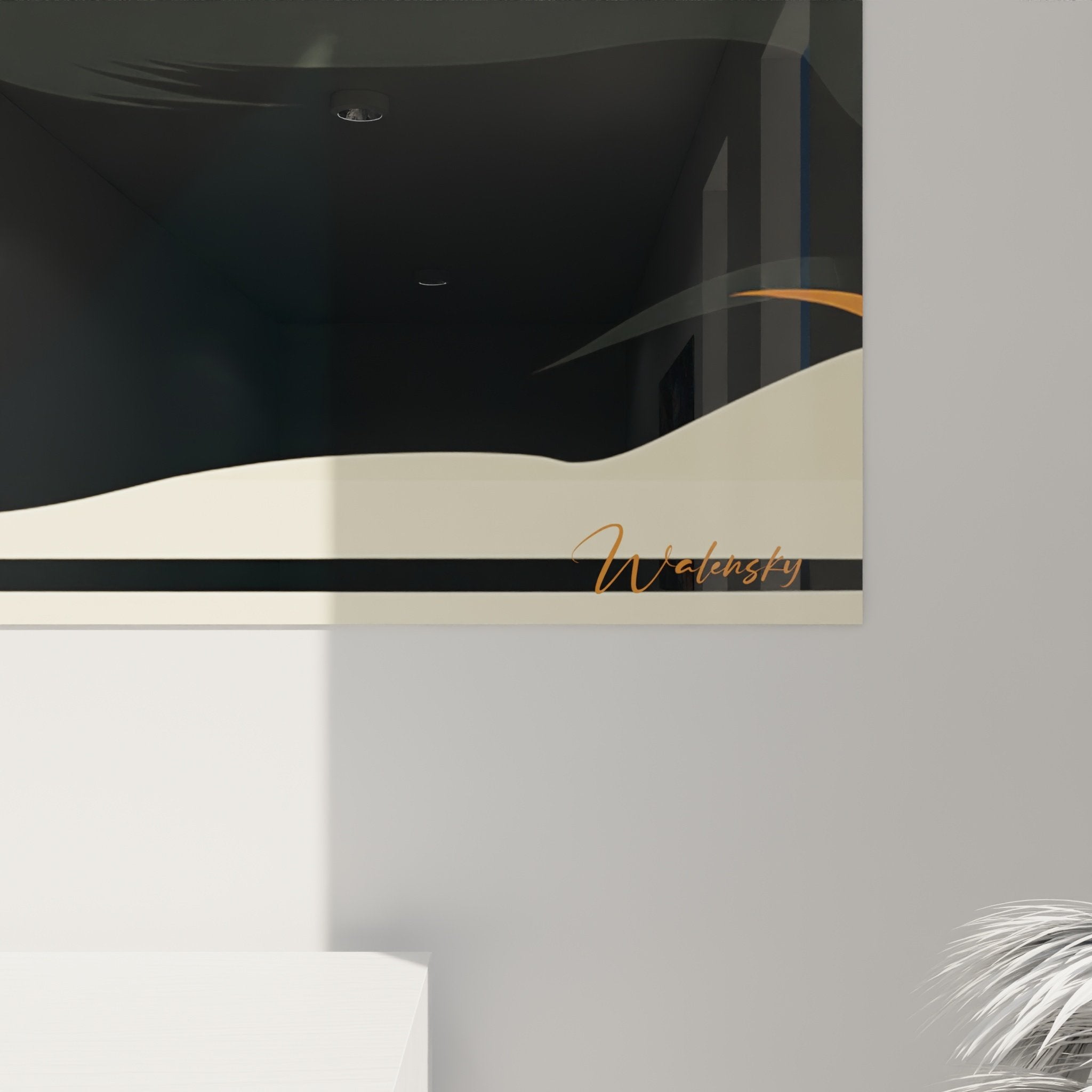 Vue d'ensemble du tableau teckel noir et feu dans un salon moderne aux murs clairs et mobilier épuré