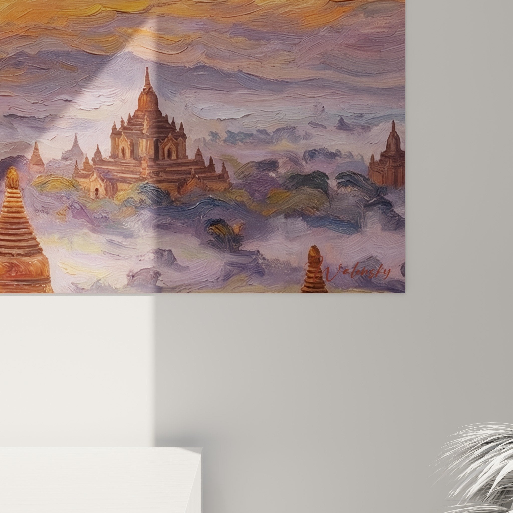 Vue ensemble tableau temple bouddhiste coucher soleil dans salon avec decoration asiatique zen