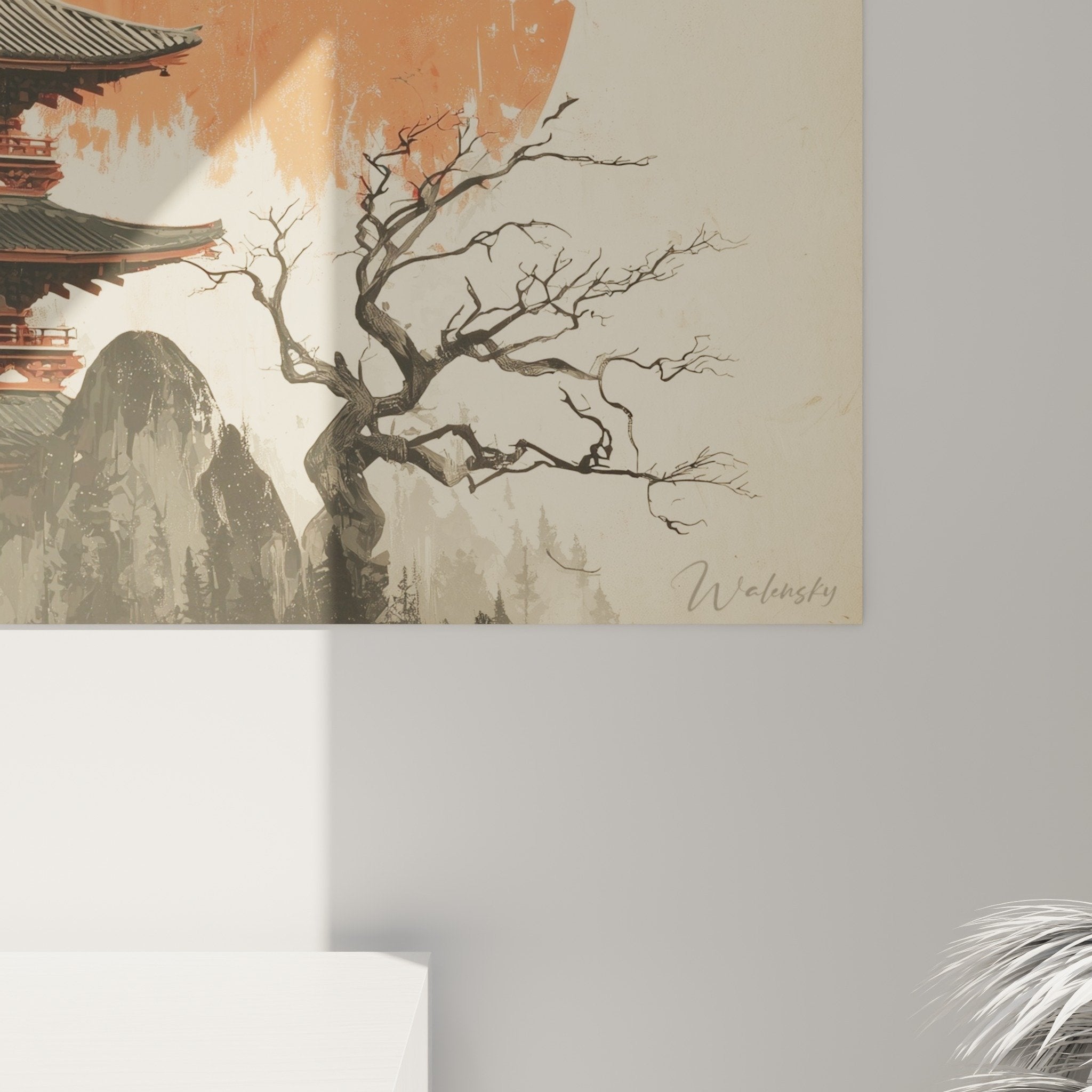 Complete view Japanese temple painting living room wall decoration oriental art autumn sun