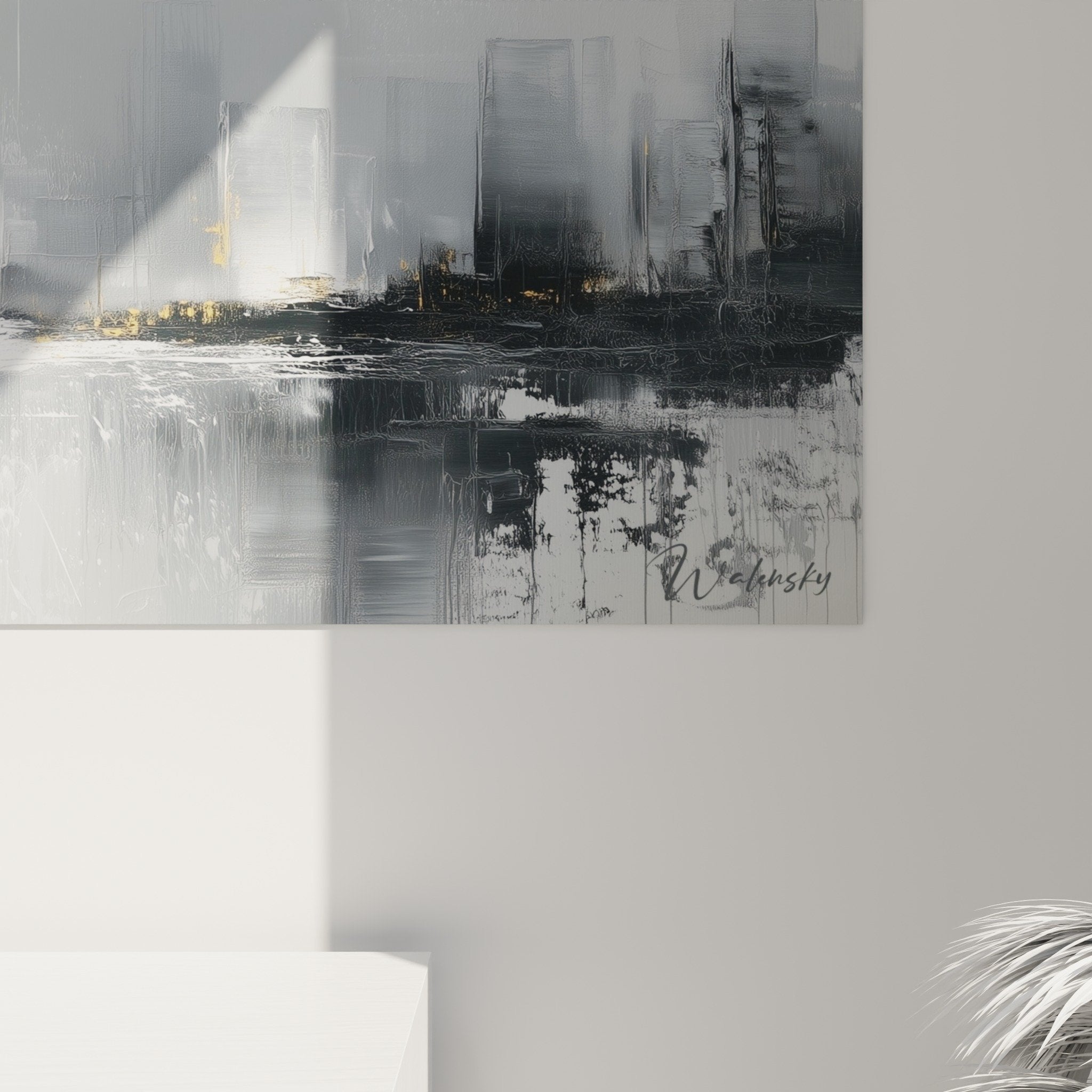 Vue ensemble tableau urbain gris blanc salon moderne décoration murale feng shui ouest métal