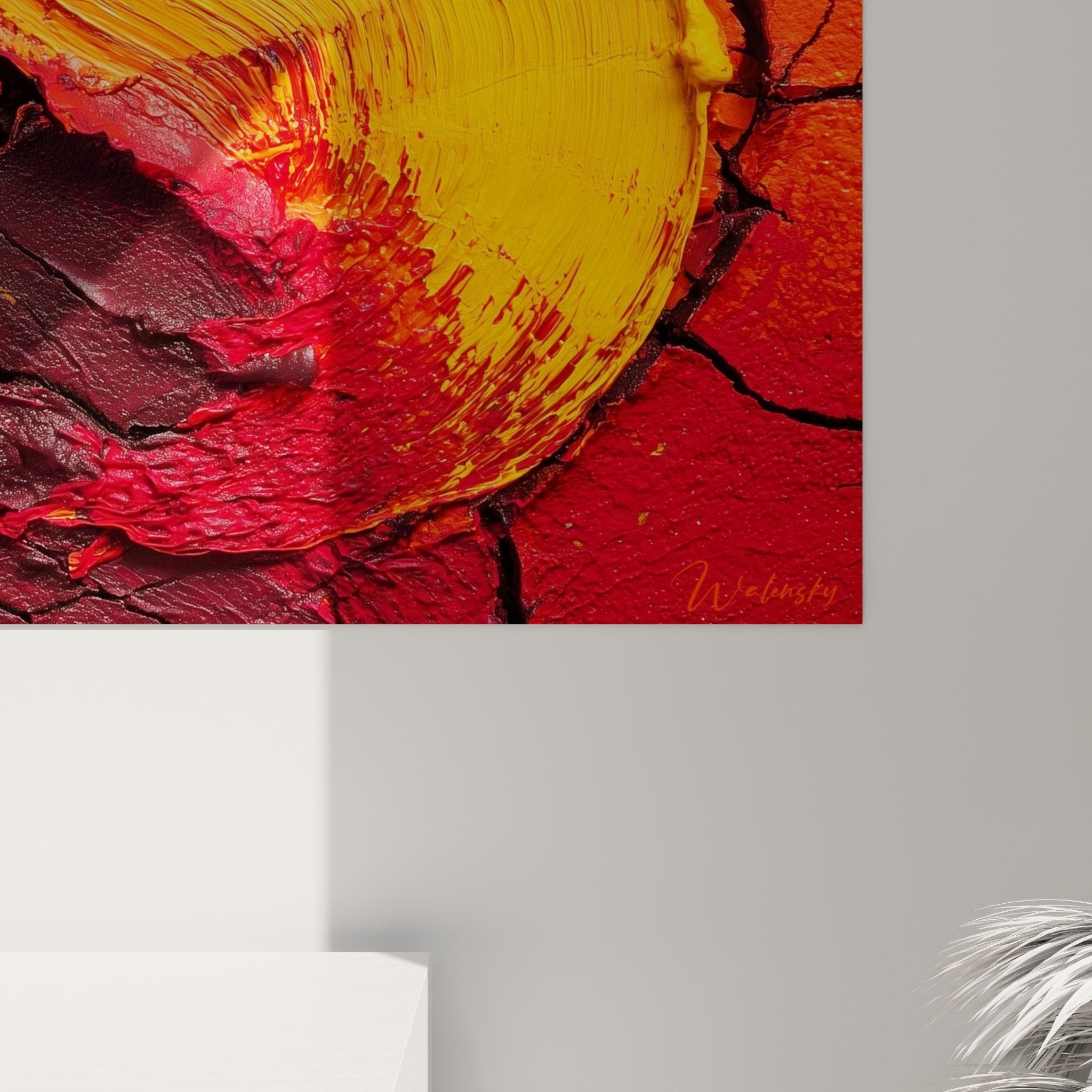Vue ensemble tableau volcanique rouge orange dans salon contemporain decoration feng shui sud feu moderne