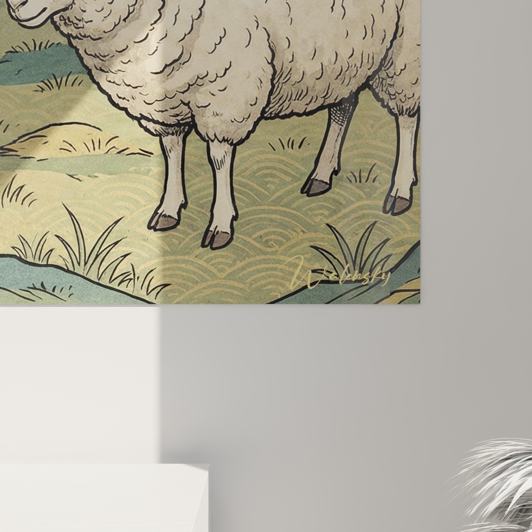 Vue ensemble tableau scene pastorale chien troupeau moutons prairie tons naturels beige