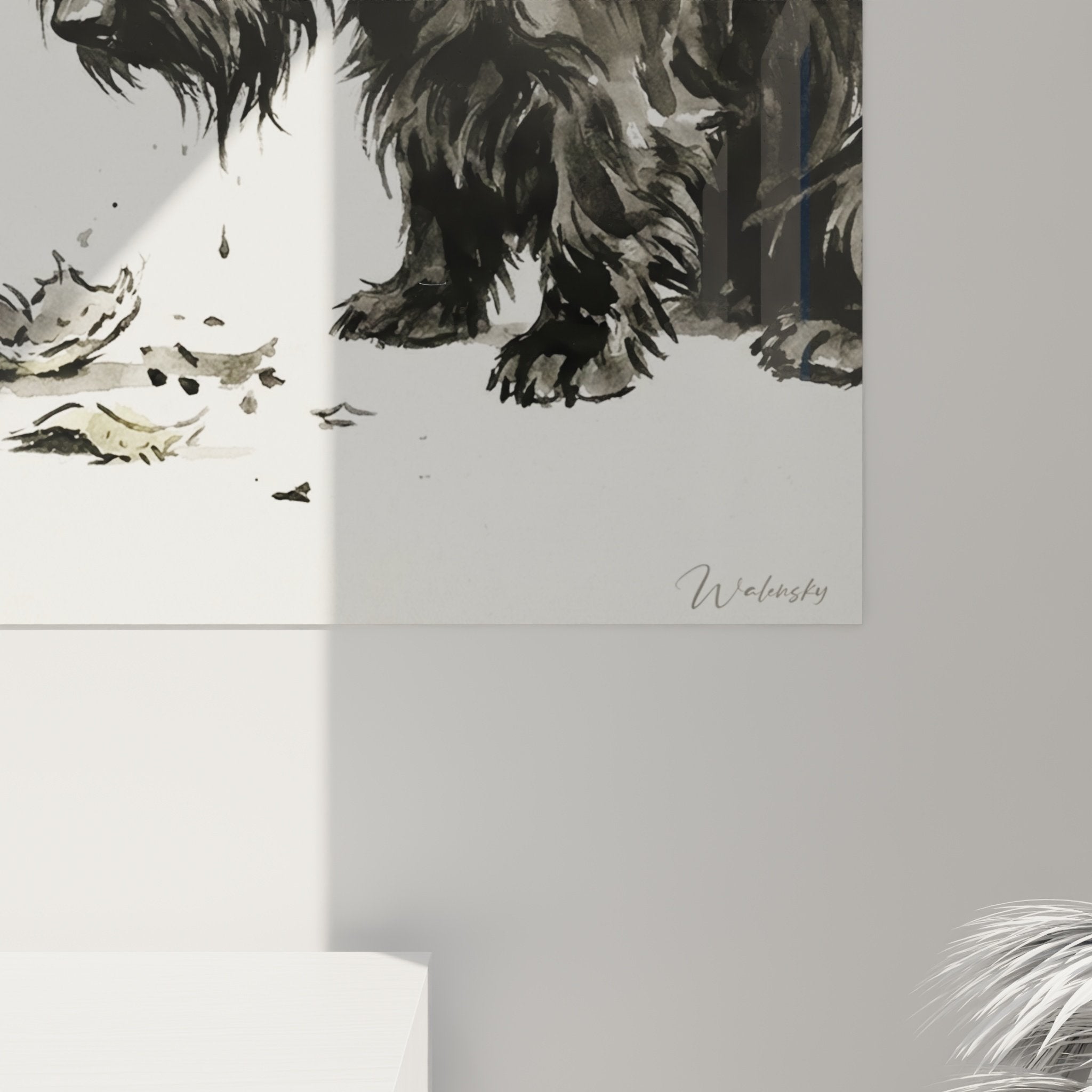 Vue ensemble aquarelle scottish terrier melancolique avec eclaboussures et feuilles dorees