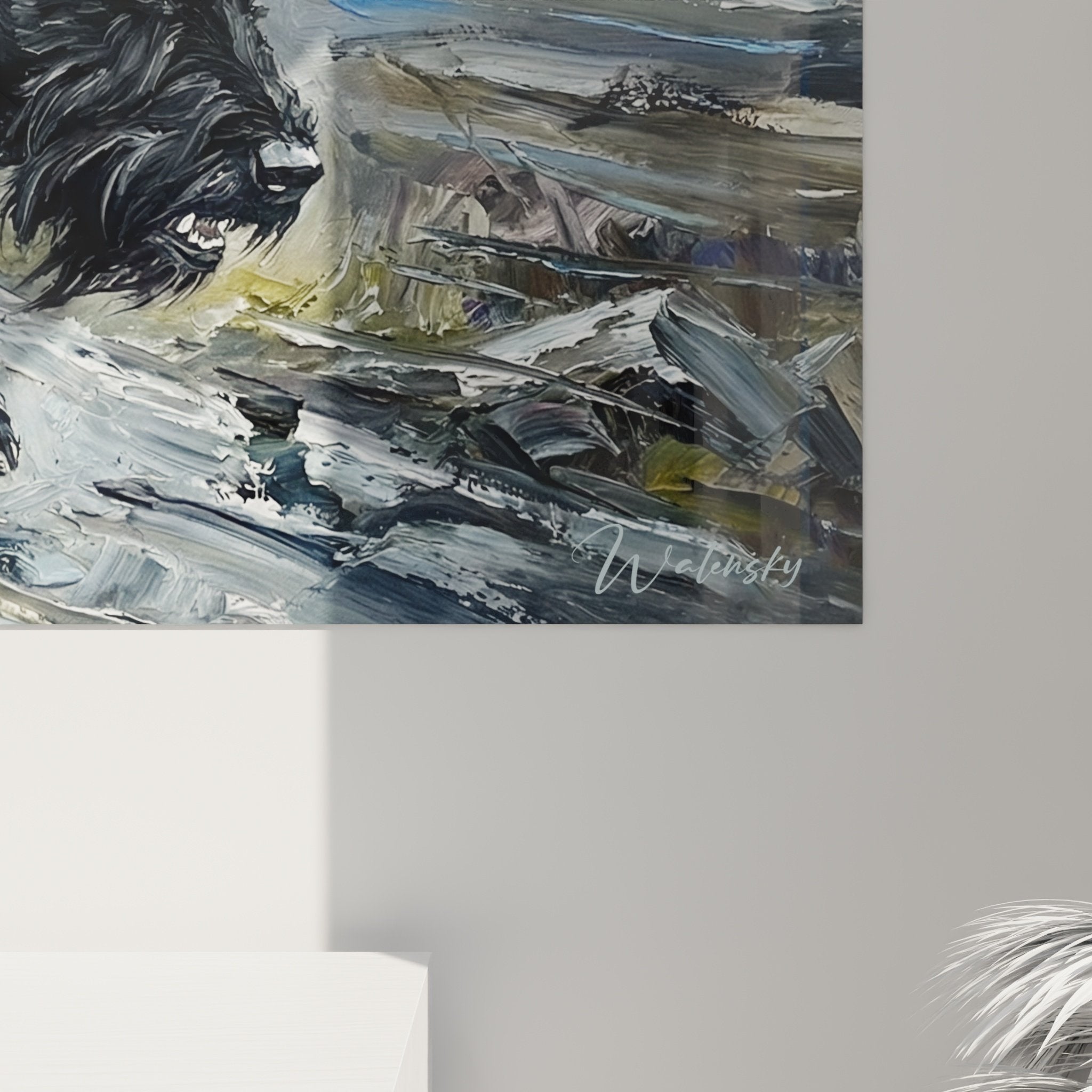 Vue ensemble tableau Scottish Terrier scene ecossaise landes montagnes ambiance dramatique