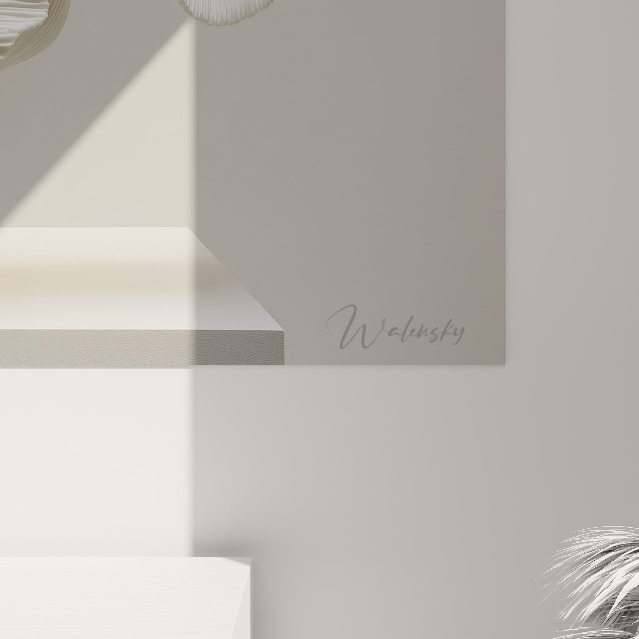 Overall view of white wavy sculpture on white base contemporary art interior decoration ikebana