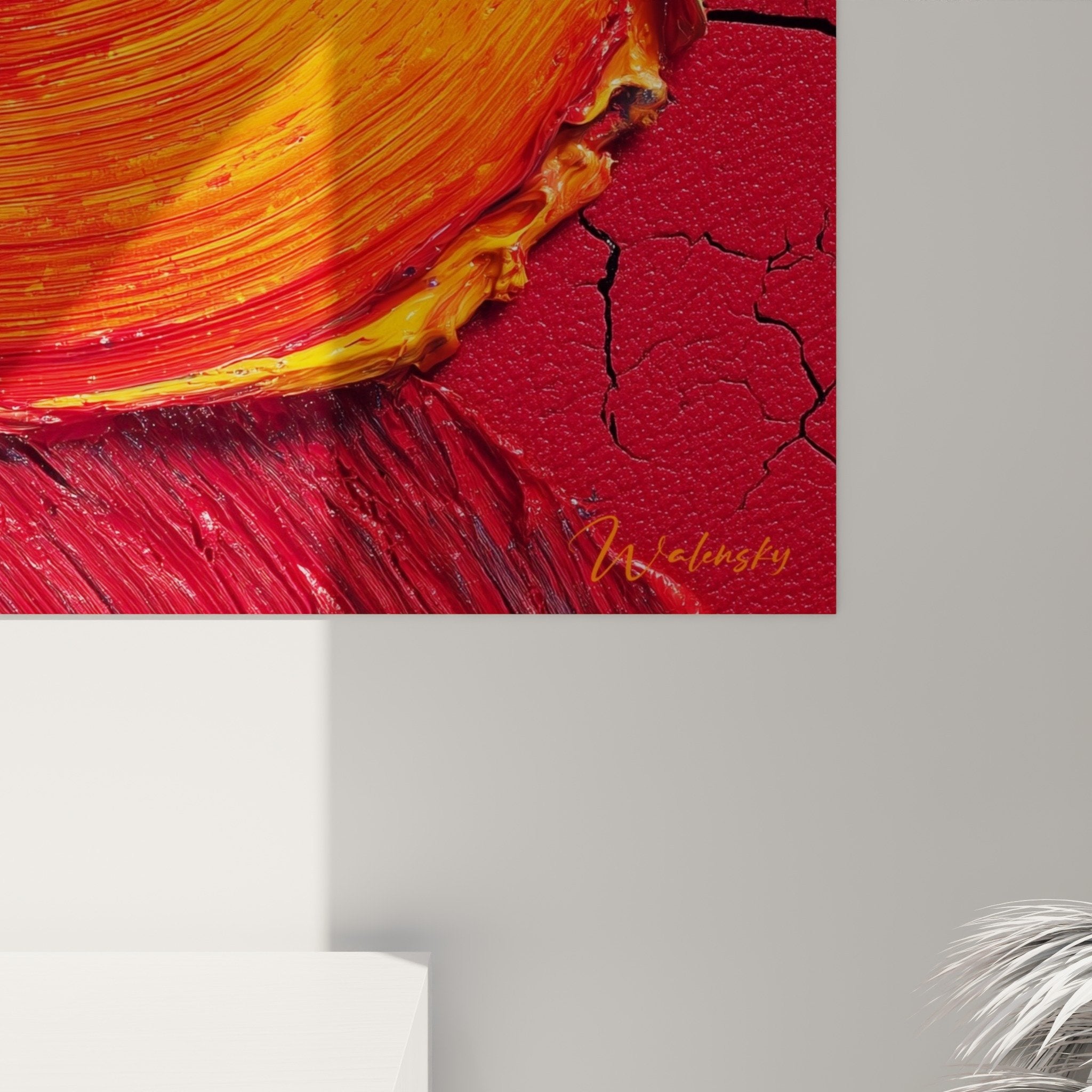 Vue ensemble toile spirale orange rouge texturee decoration murale feng shui sud feu