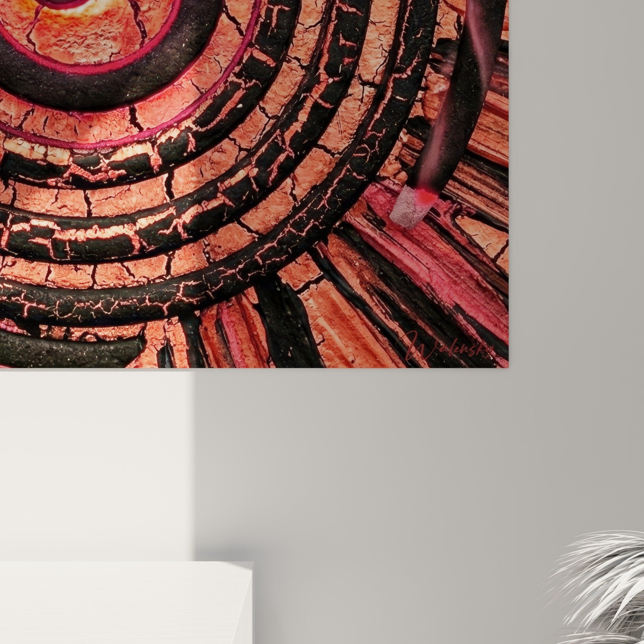 Overall view swirling red black spiral crackled decorative wall art edition incense living room