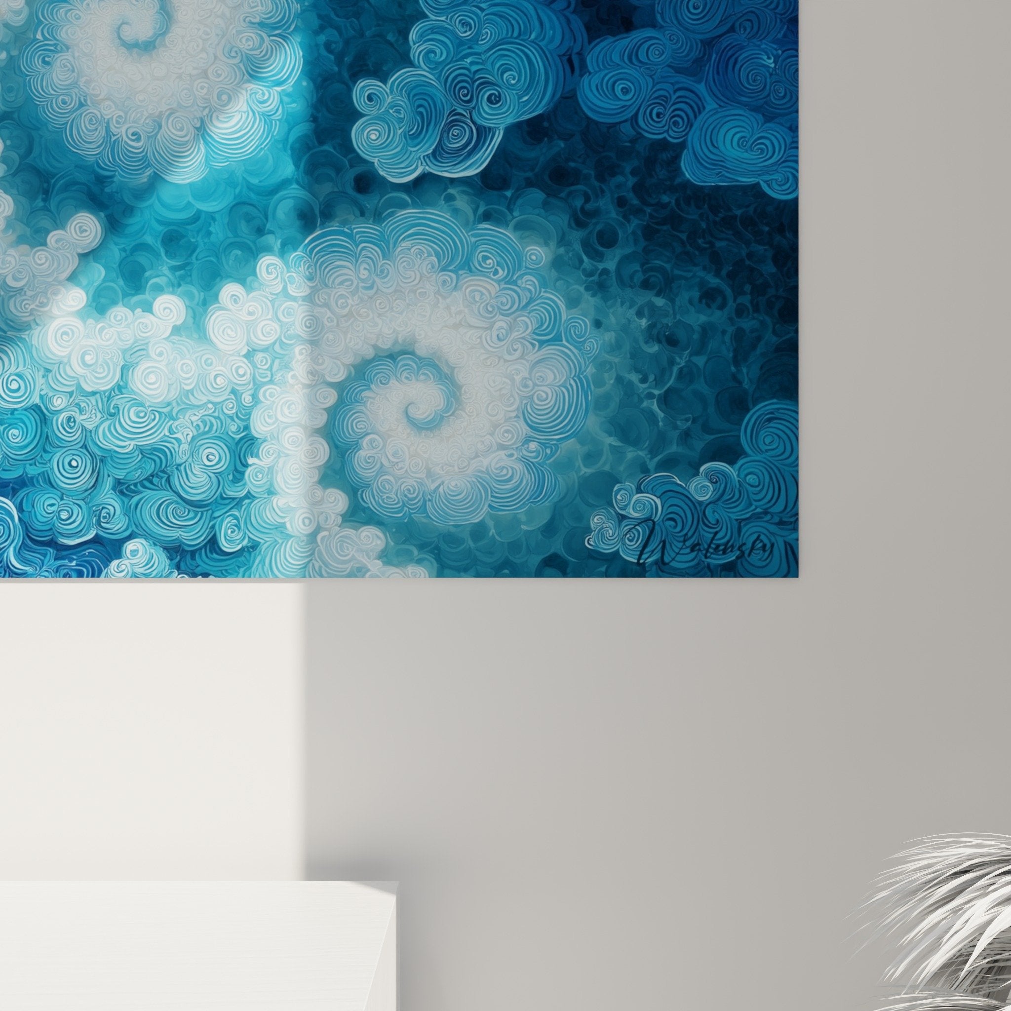 Full view ornamental blue spiral wall art interior decoration feng shui north water element