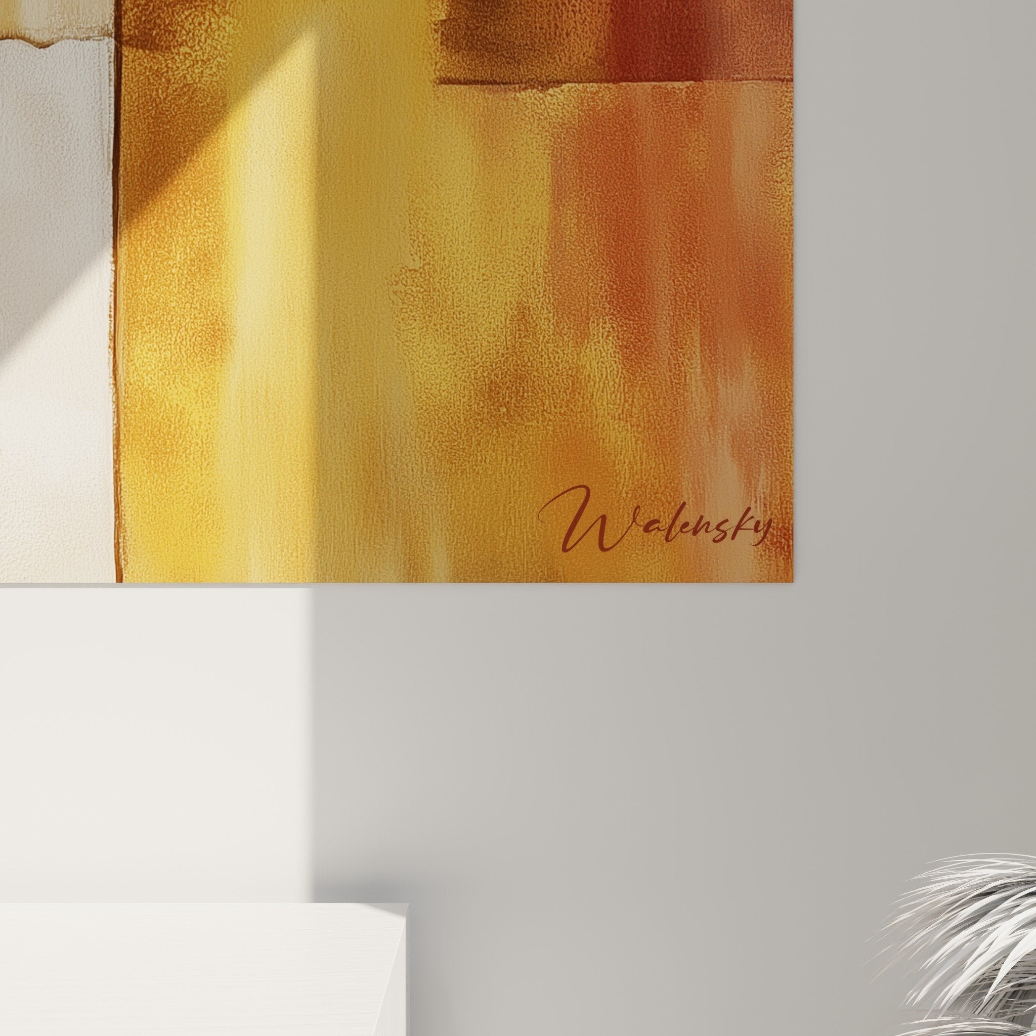 Vue ensemble tableau abstrait africain tons ocre beige, composition géométrique moderne décoration intérieur