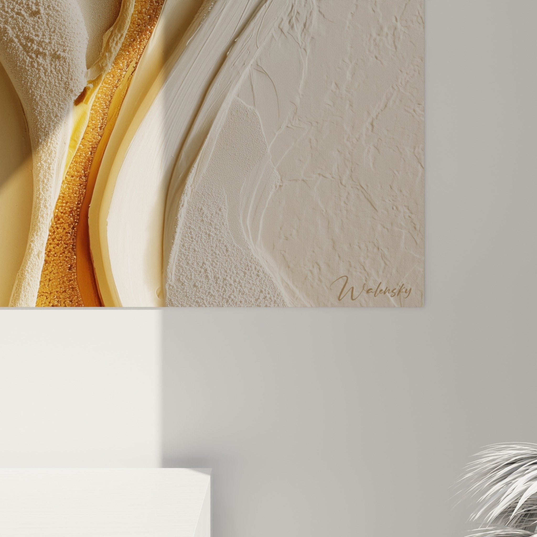 Full view abstract painting beige drips textured relief zen feng shui earth center decor