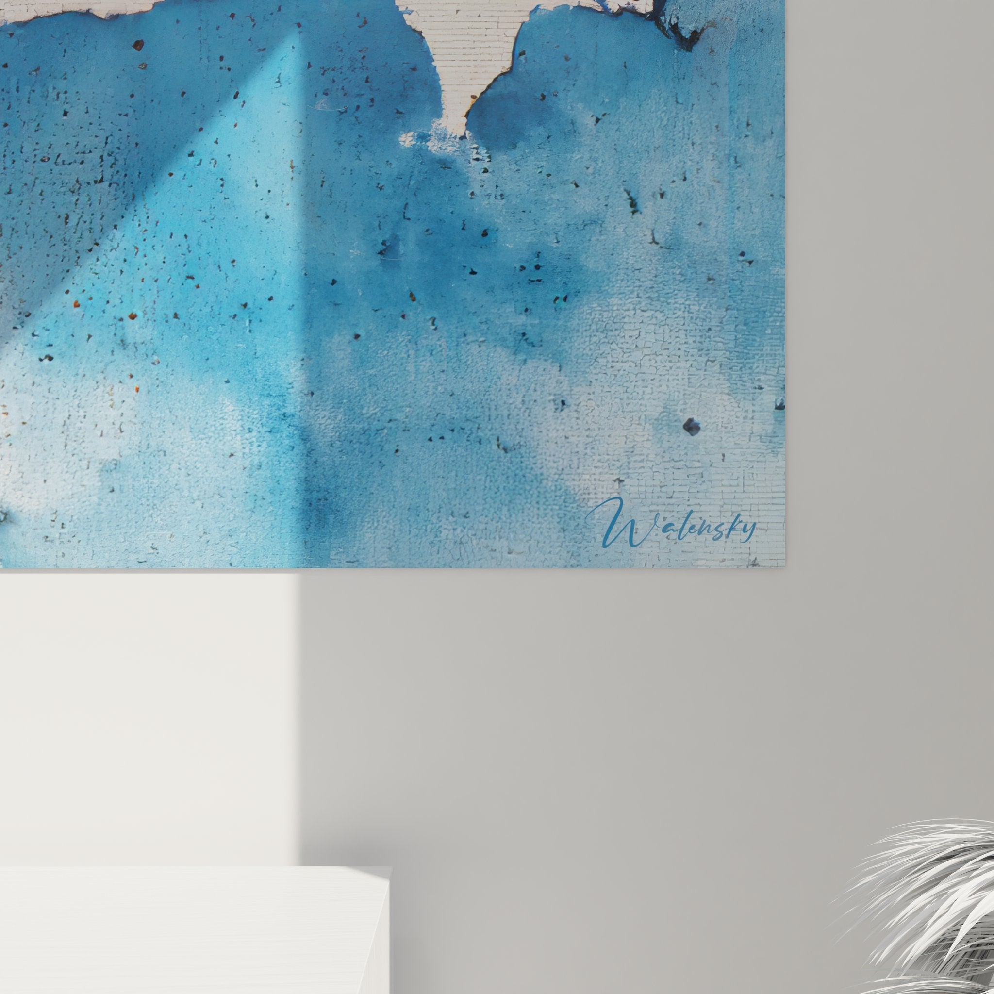 Vue ensemble tableau abstrait bleu beige format panoramique décoration moderne