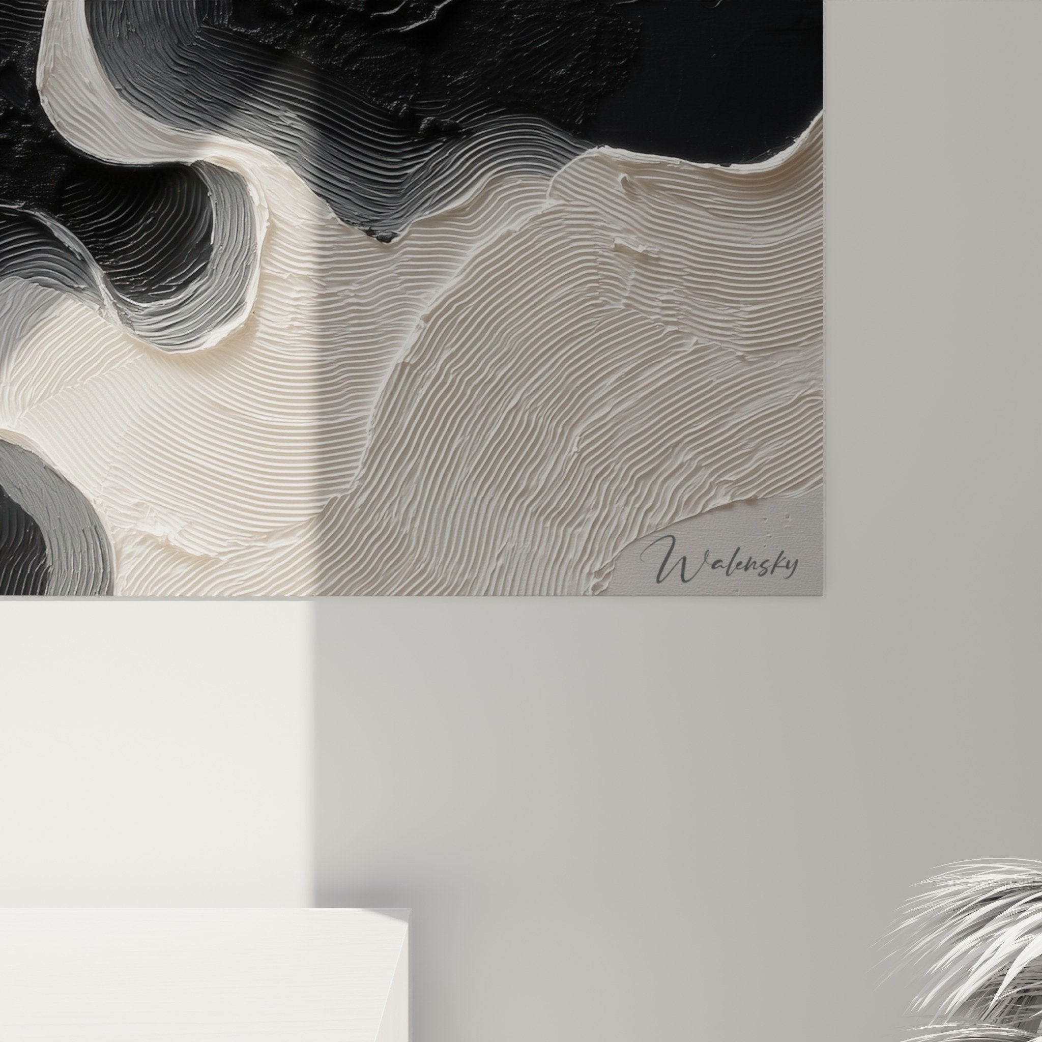 Vue ensemble tableau abstrait noir blanc decoration interieur feng shui nord-ouest metal