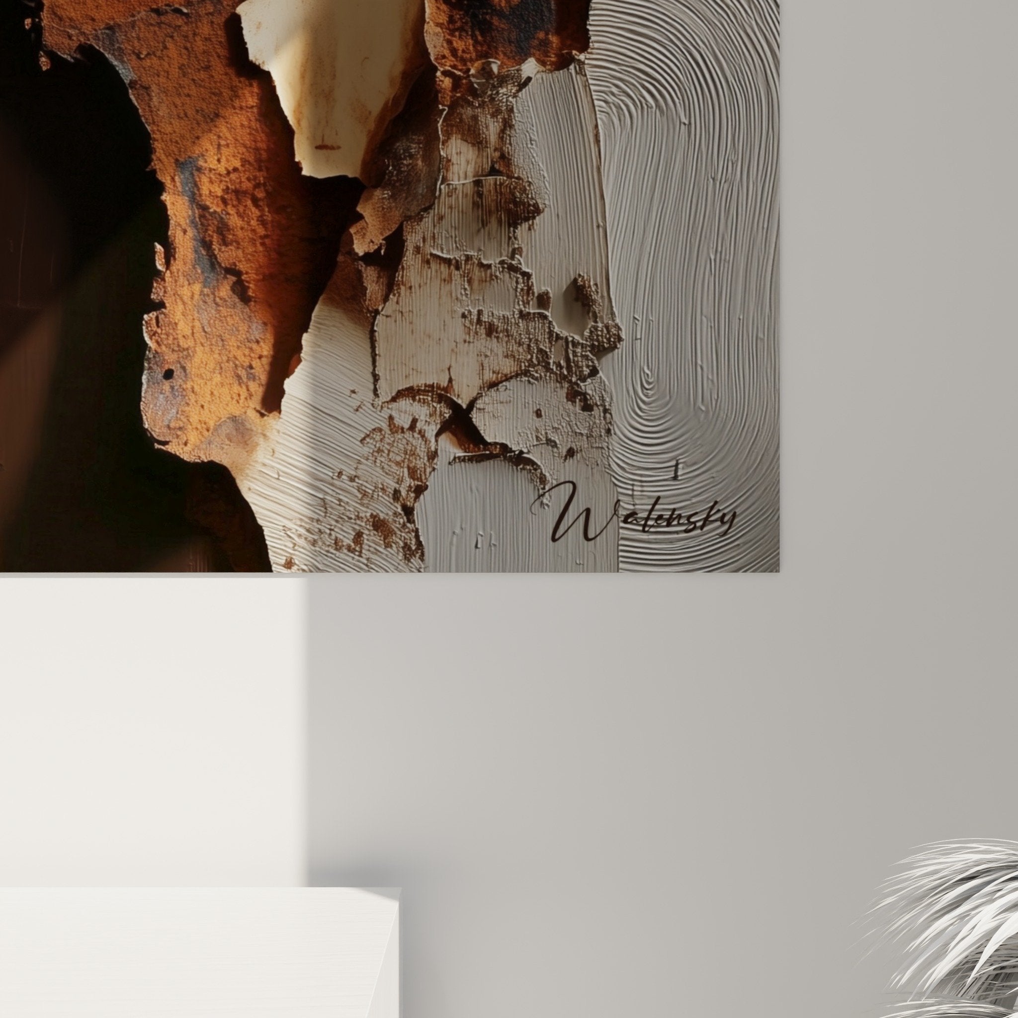 Overall view abstract painting organic bark white ochre interior decoration feng shui