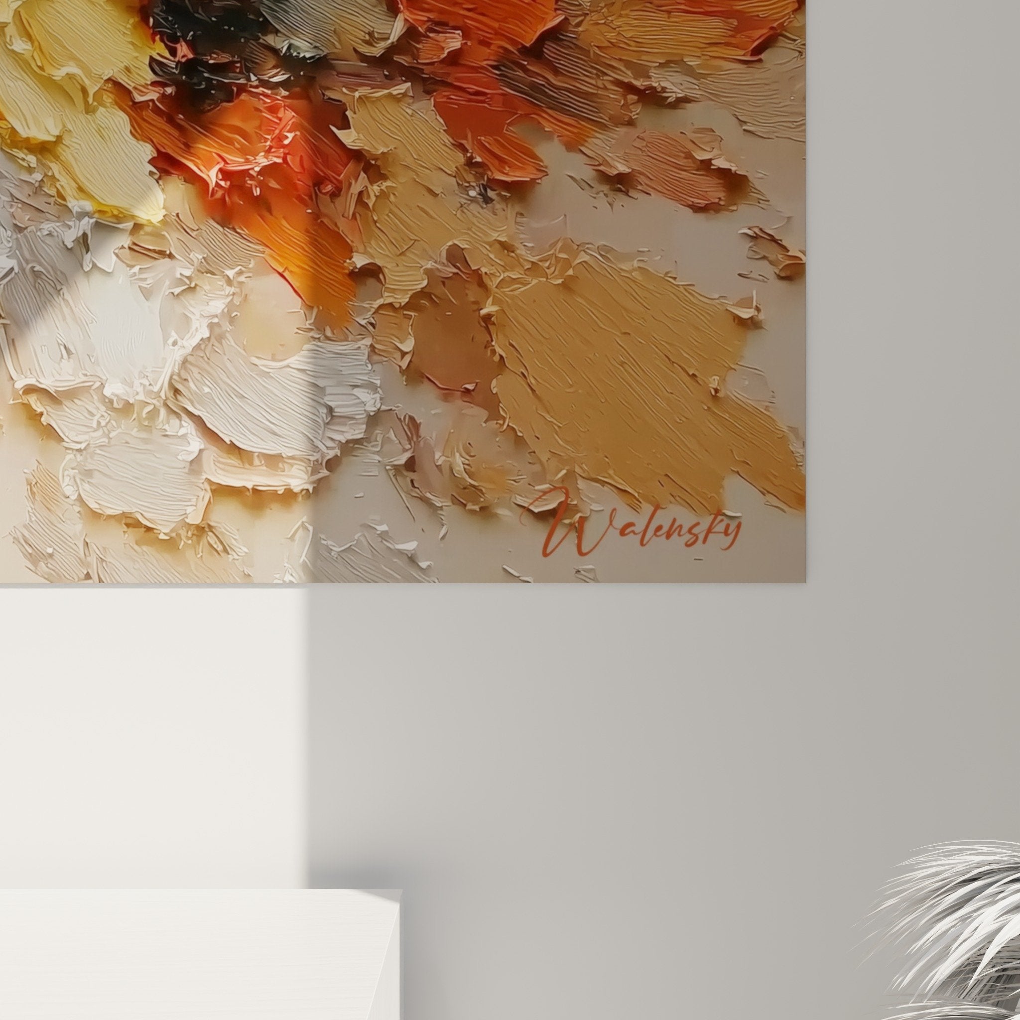 overall view abstract painting central explosion warm colors wall art contemporary style decoration