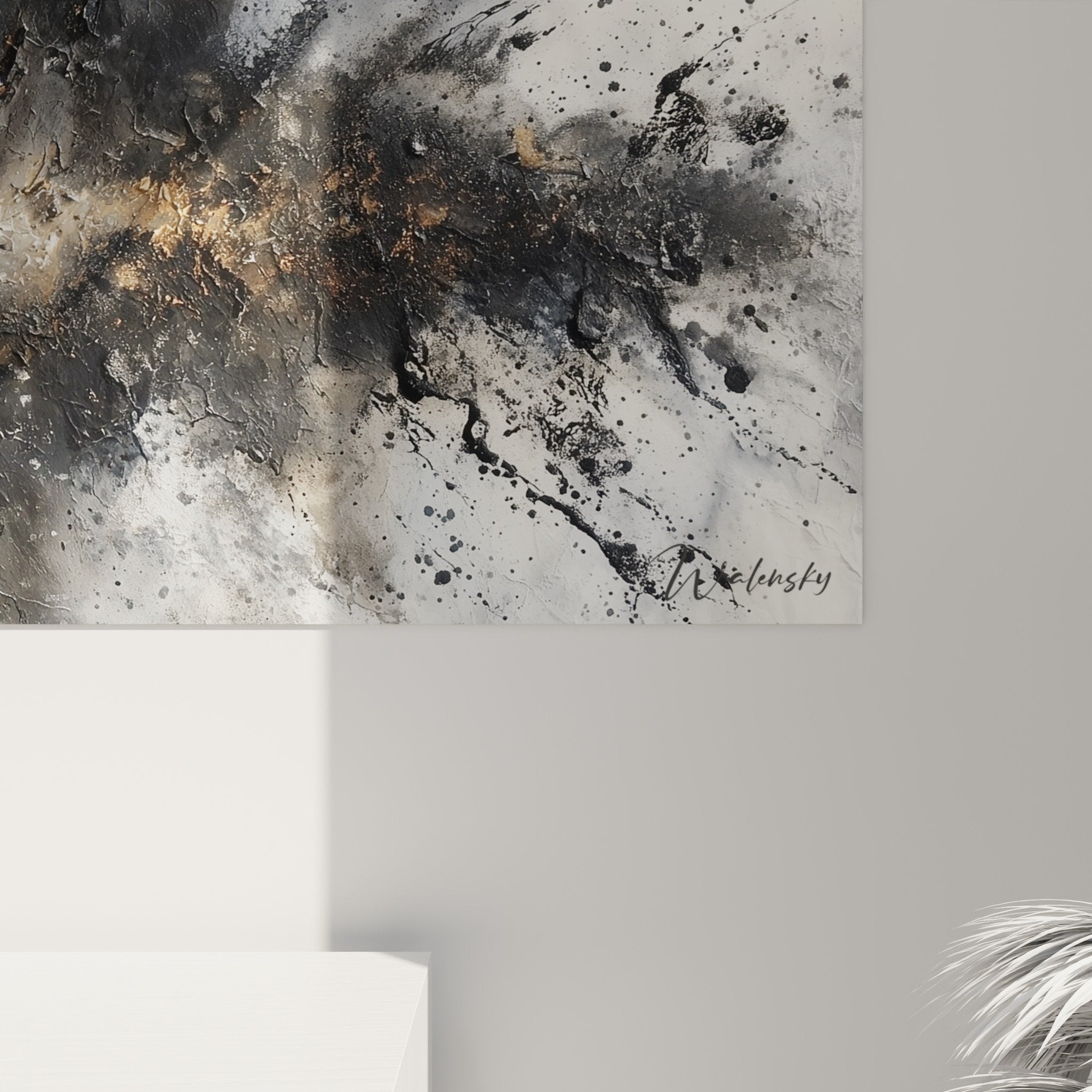 Overall view abstract explosion gray white gold painting wall decoration feng shui metal