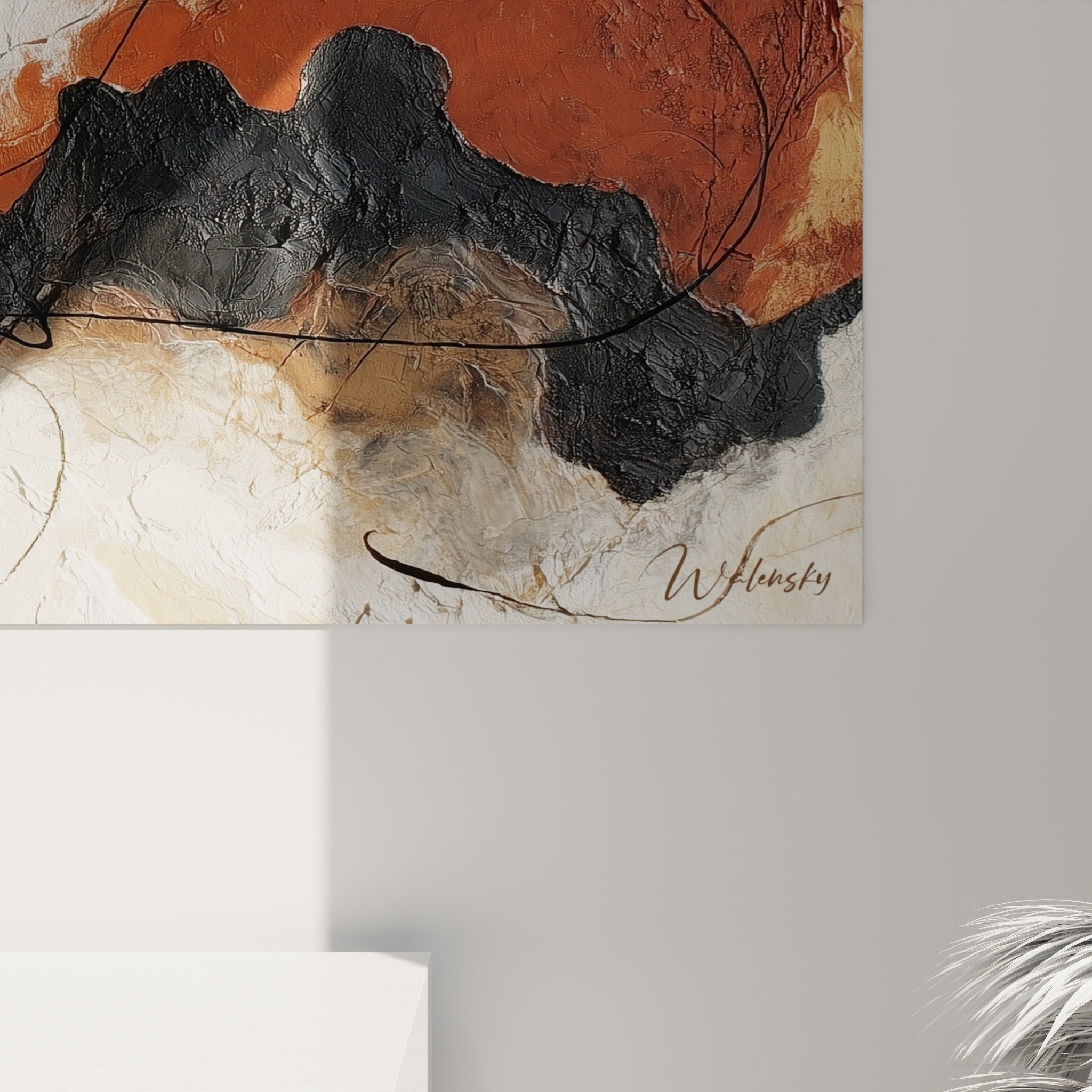 Overview of abstract feng shui wall art, harmonious composition in earthy tones on light wall