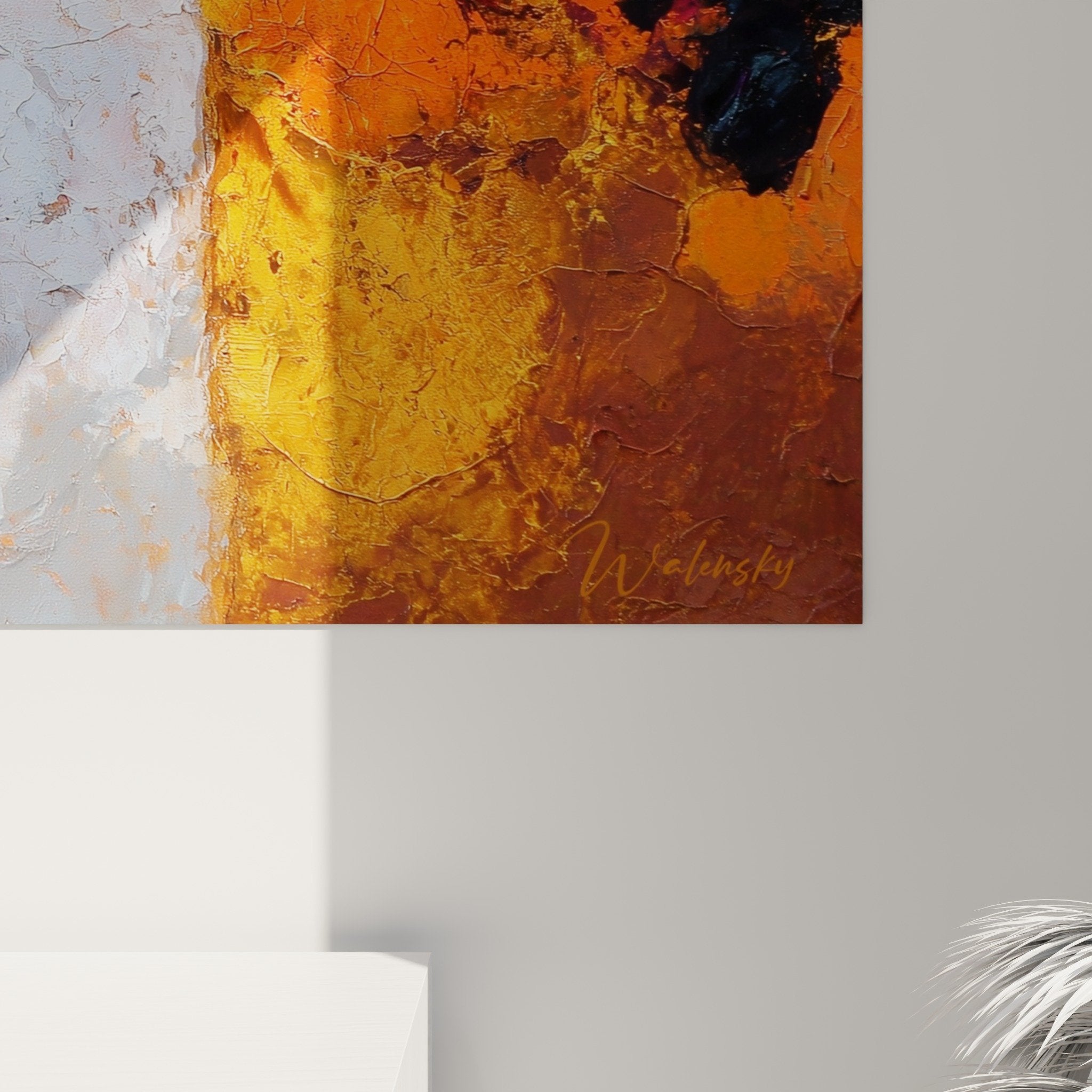 Full view abstract orange red violet painting white wall modern interior decoration feng shui