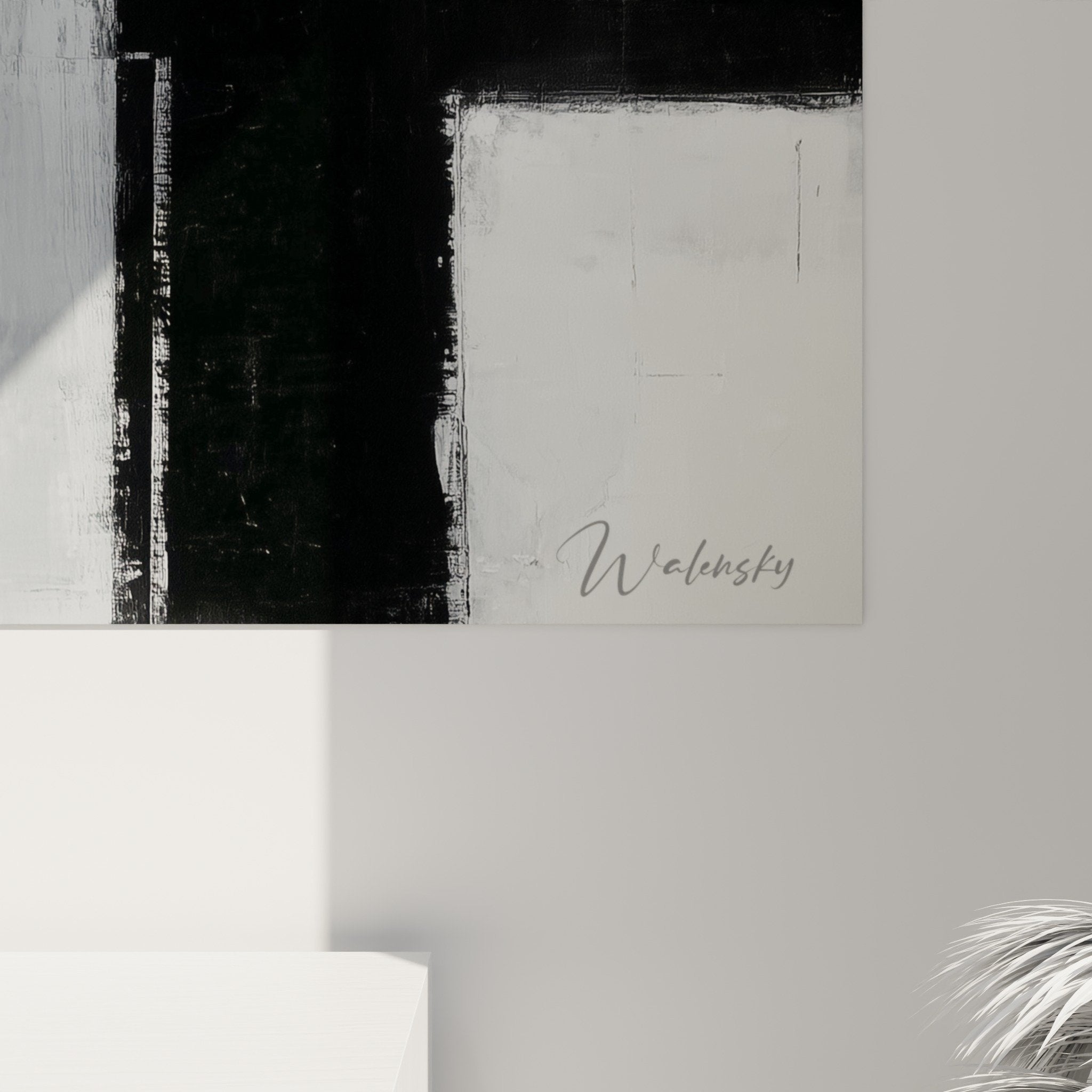 vue ensemble tableau abstrait noir blanc gris composition geometrique murale feng shui ouest metal salon