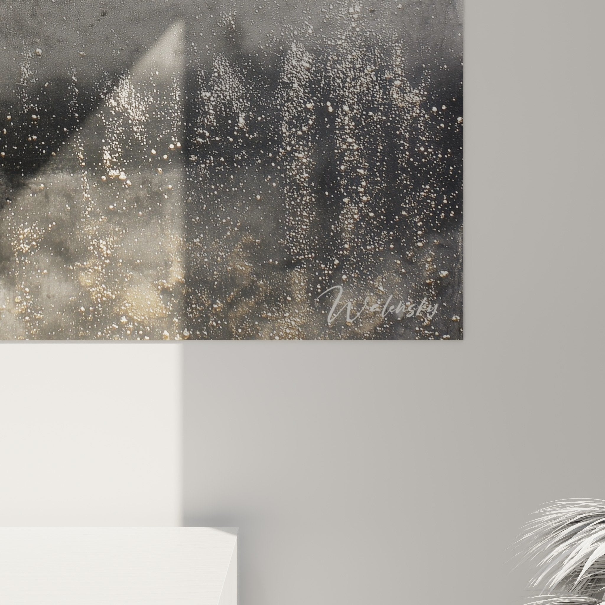Abstract gray and gold wall art overall view zen atmosphere interior decoration feng shui west metal