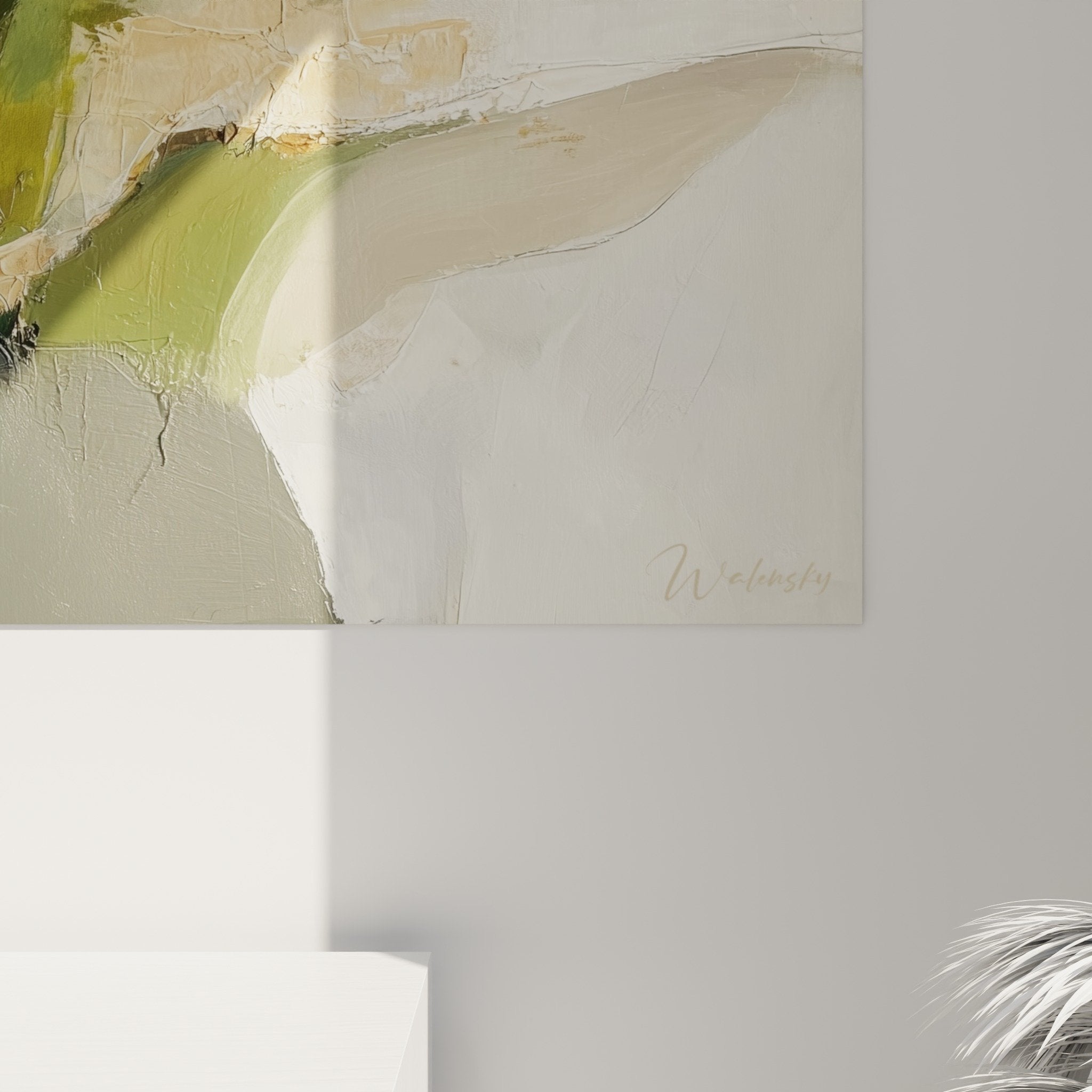Gesamtansicht abstraktes grünes und orange Gemälde harmonische Komposition Wanddekoration Feng-Shui Osten Holz