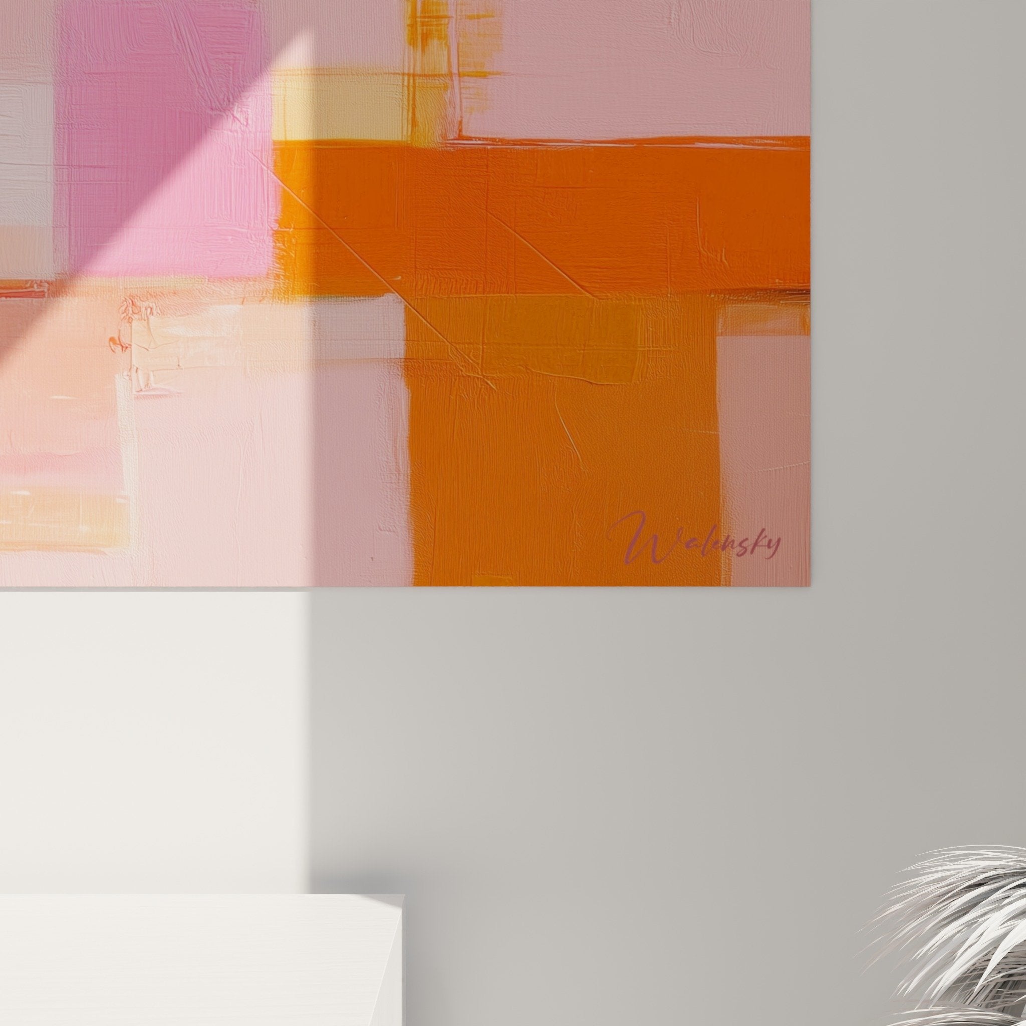 Gesamtansicht abstraktes Gemälde Rosa Orange Farbharmonie moderne Wanddekoration