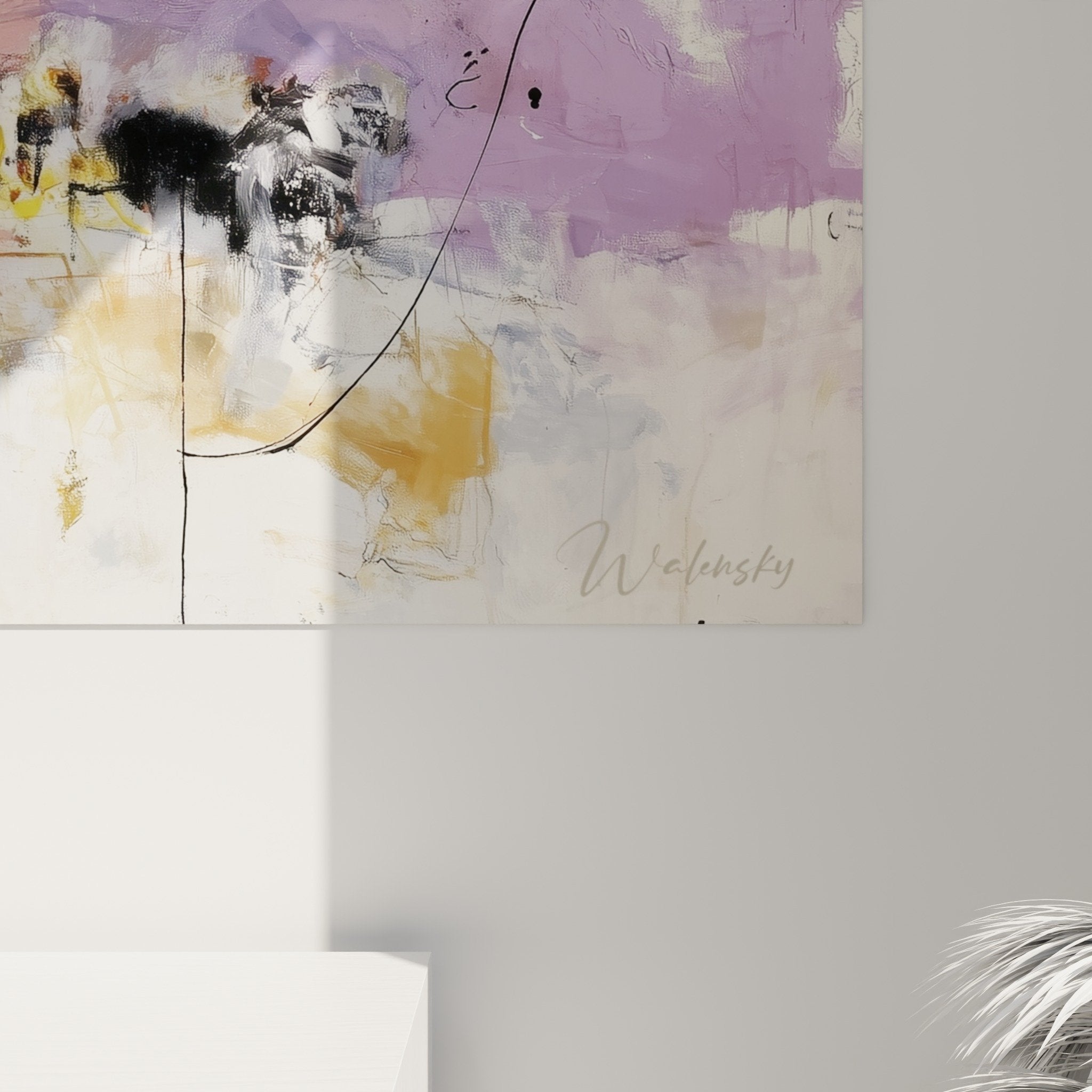 Vue ensemble tableau abstrait harmonieux tons pastel dores roses violets feng shui sud-est bois