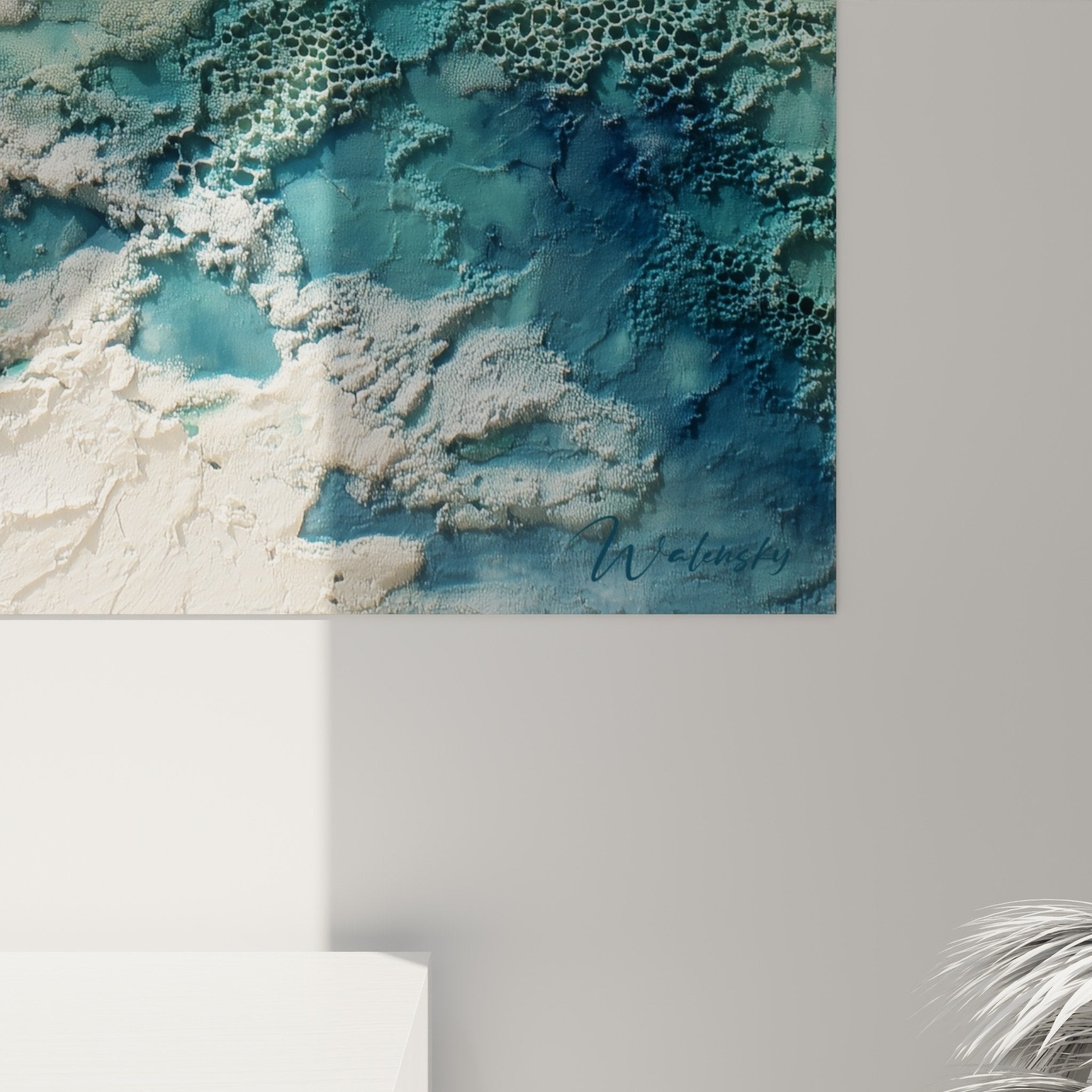 Vue ensemble tableau abstrait marin bleu turquoise blanc decoration feng shui