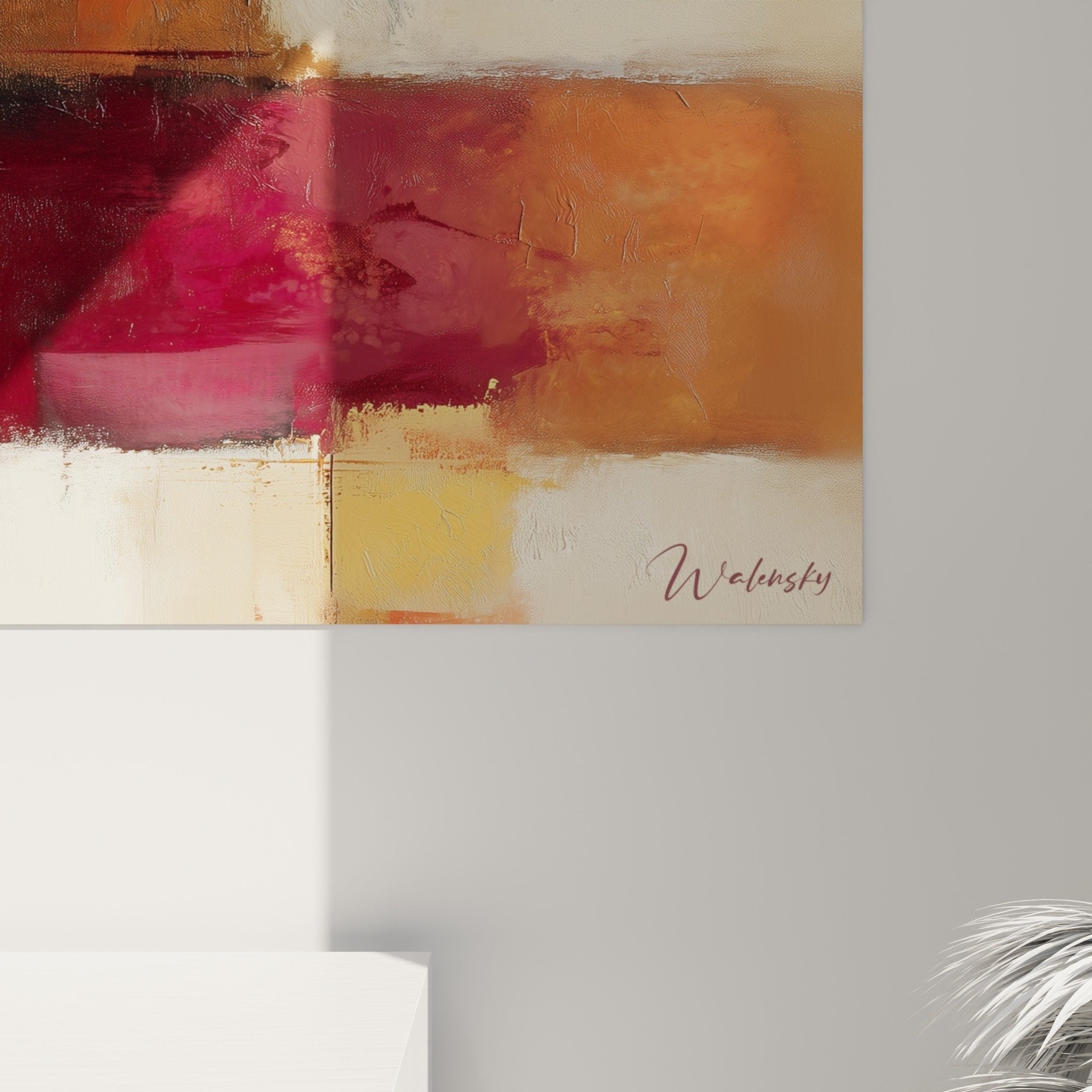 Vue ensemble tableau abstrait moderne rouge bordeaux orange noir decoration interieur feng shui sud feu