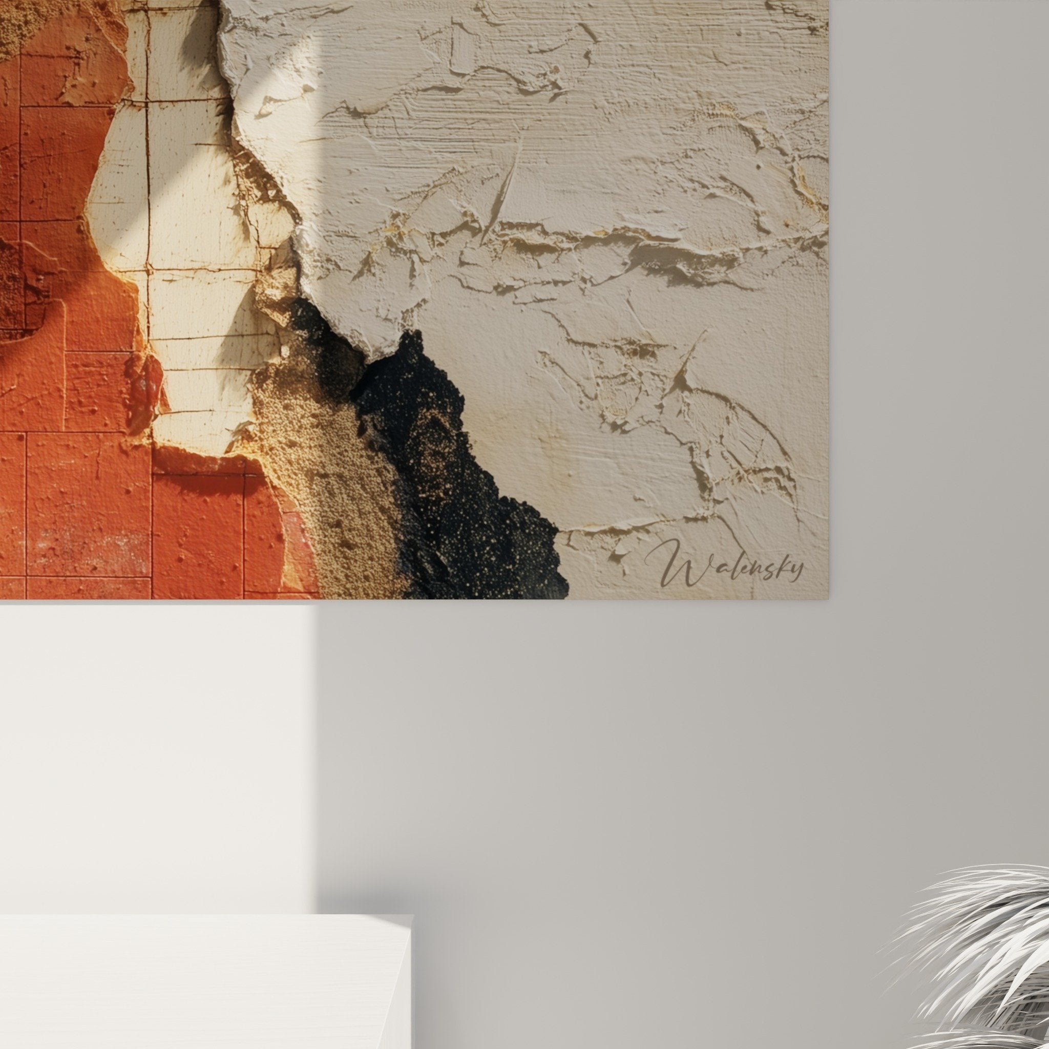 tableau abstrait mur ocre blanc fissures composition minerale feng shui