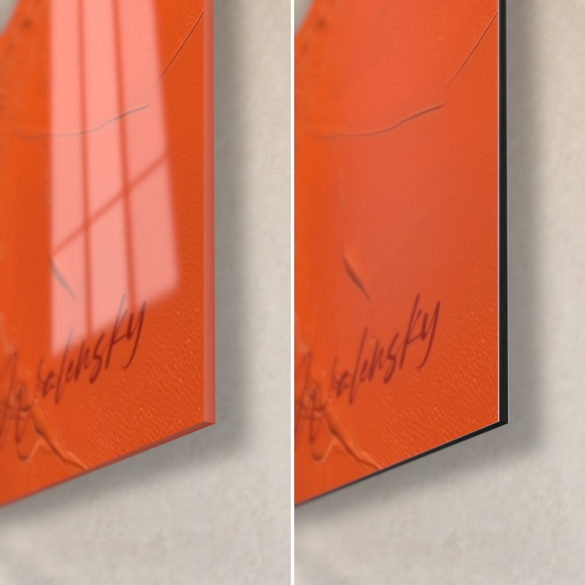 Quadro astratto arancione con dettaglio in basso a destra, vetro acrilico lucido con riflessi di finestra, Dibond opaco e bordo da 3 mm