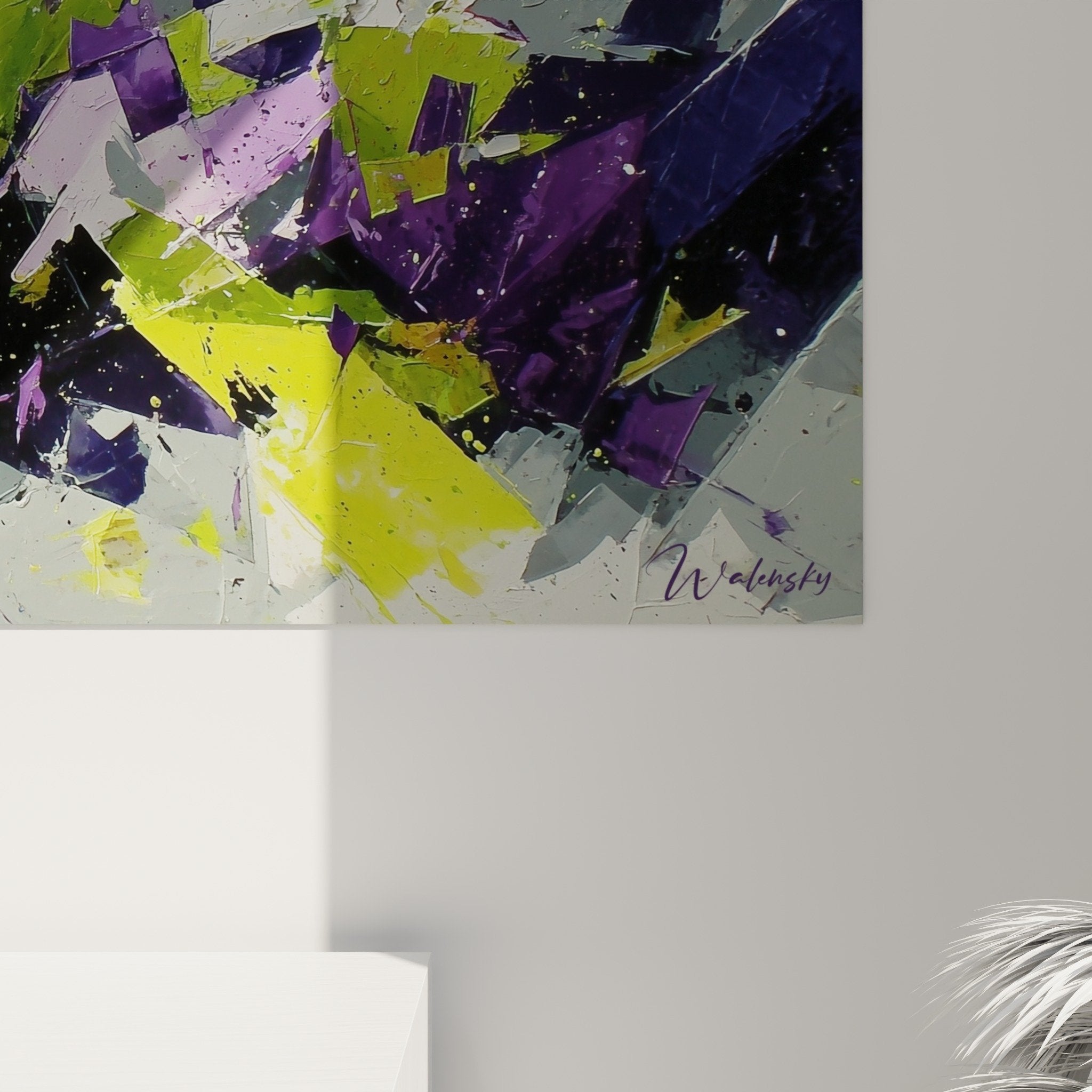 overview abstract artwork chromatic explosion purple green feng shui southeast wood decor