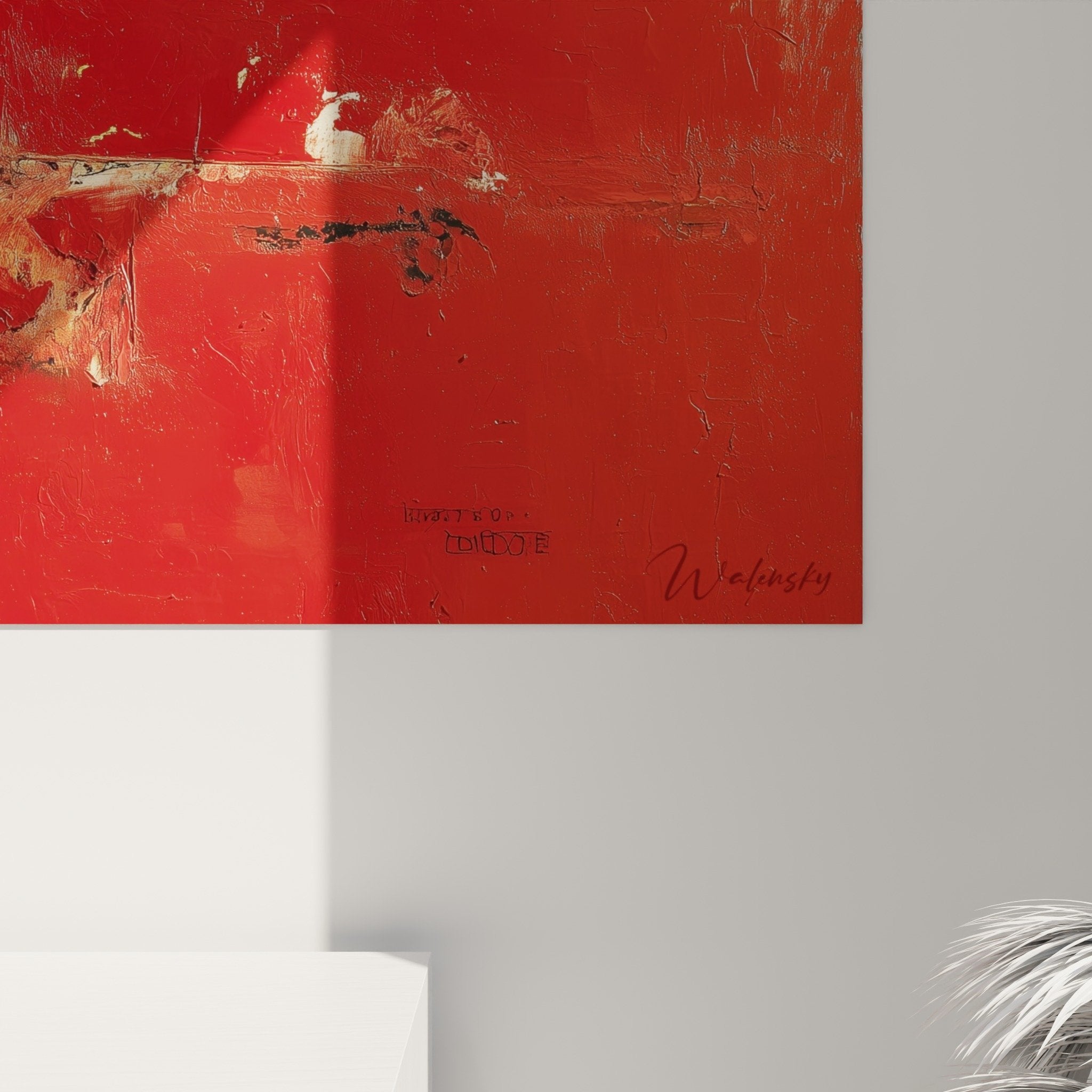 Vue ensemble tableau abstrait rouge beige decoration murale feng shui sud feu