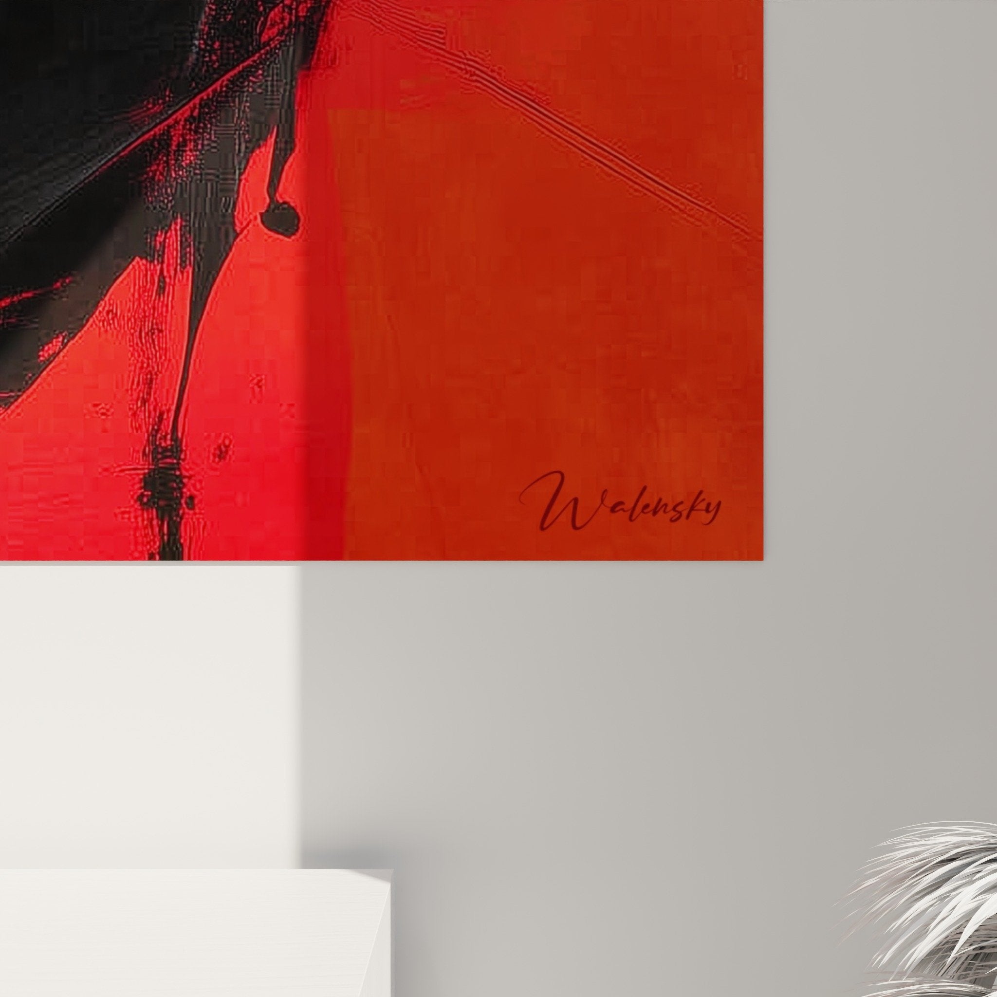 Full view abstract painting red dominant black dynamic movements feng shui south fire