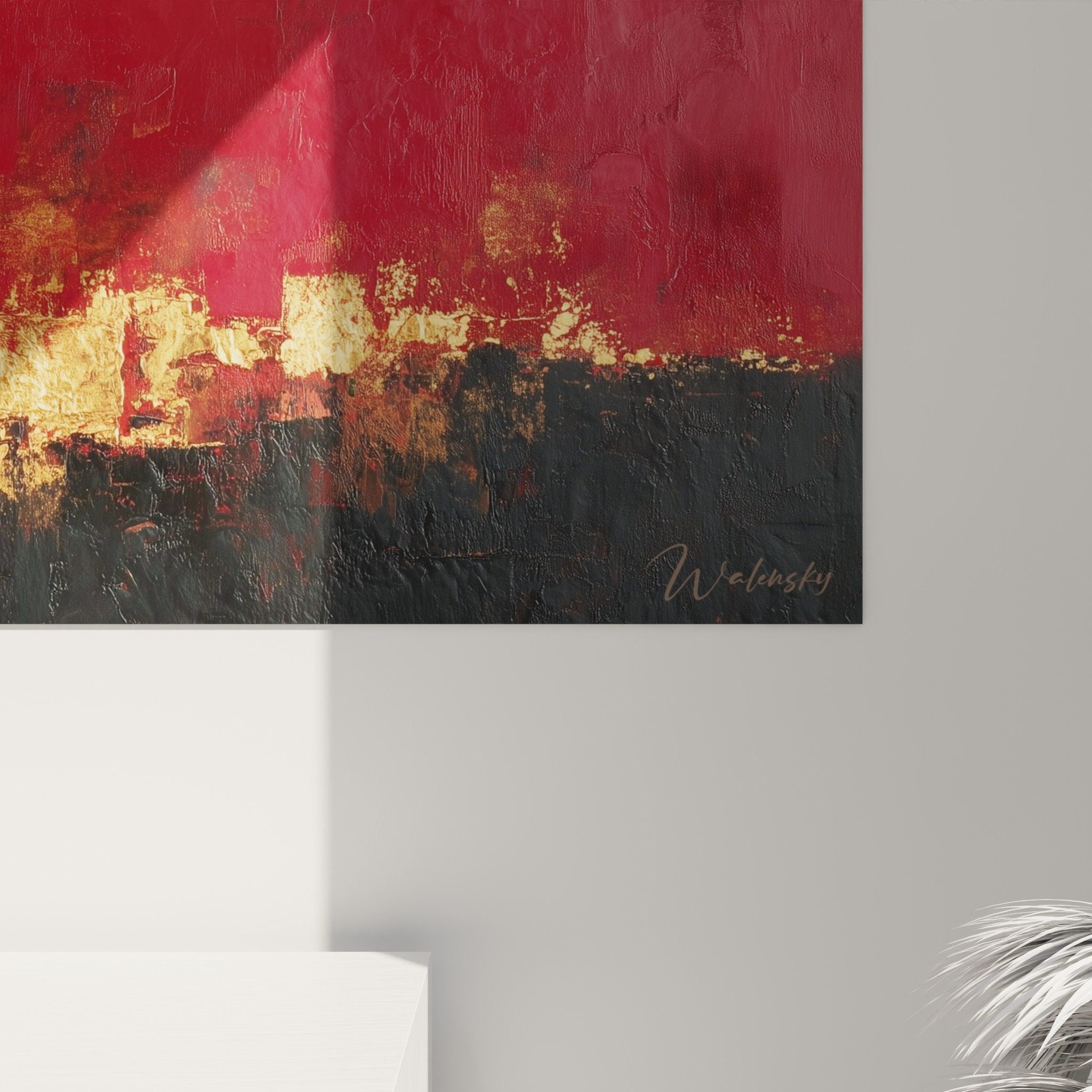 Vue ensemble tableau abstrait rouge or noir decoration murale feng shui sud