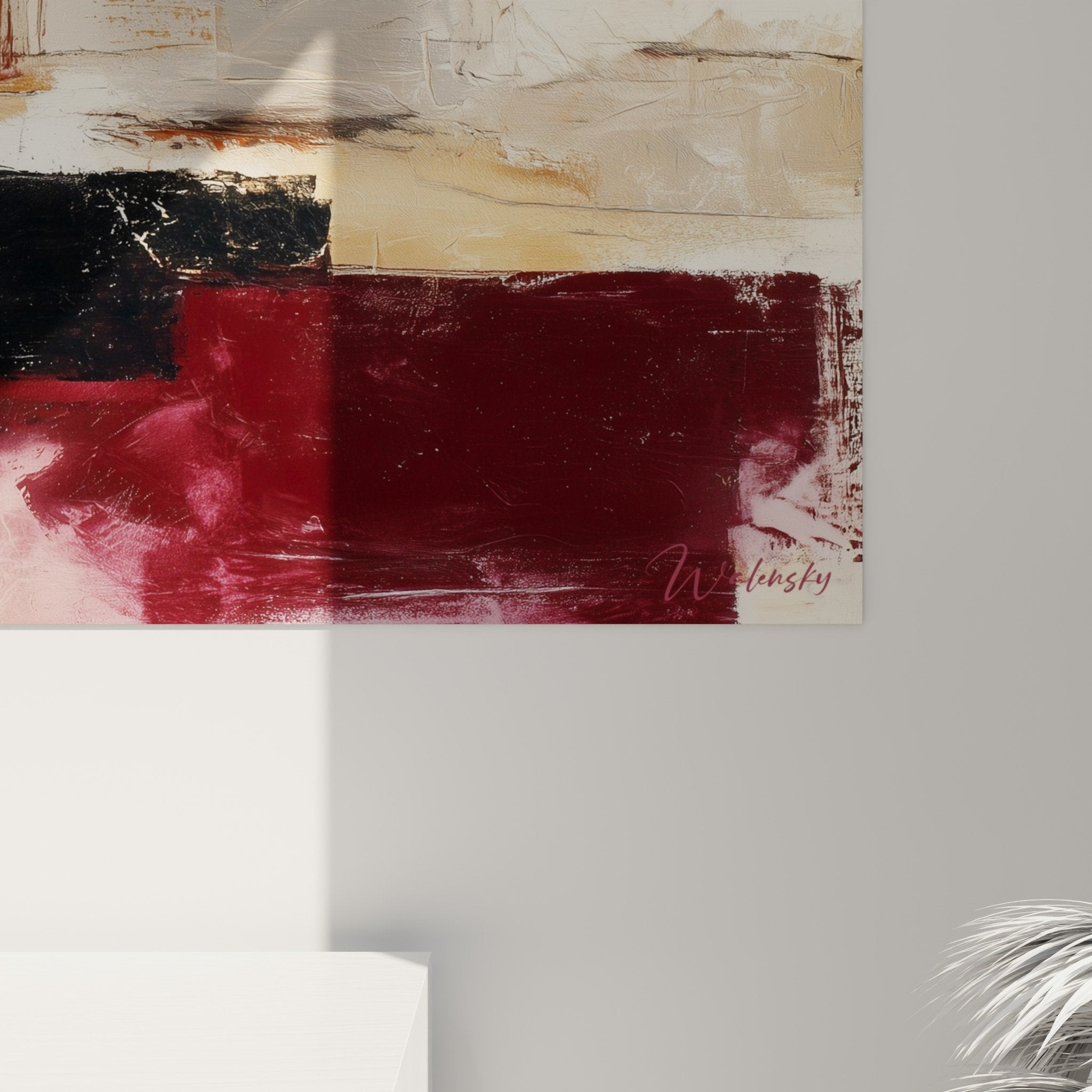 Vue ensemble tableau abstrait rouge bordeaux ocre noir decoration murale feng shui sud feu