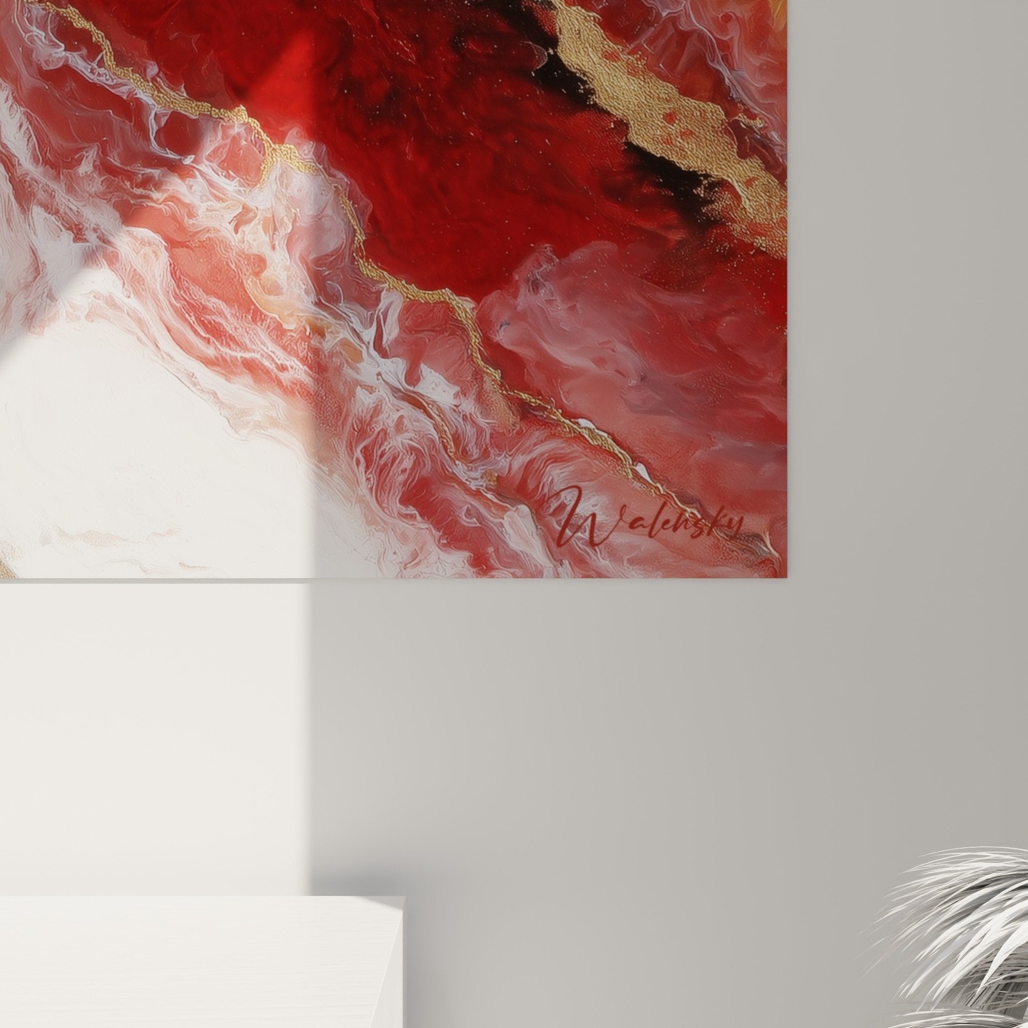 Vue ensemble tableau abstrait rouge bordeaux or decoration interieure feng shui centre terre