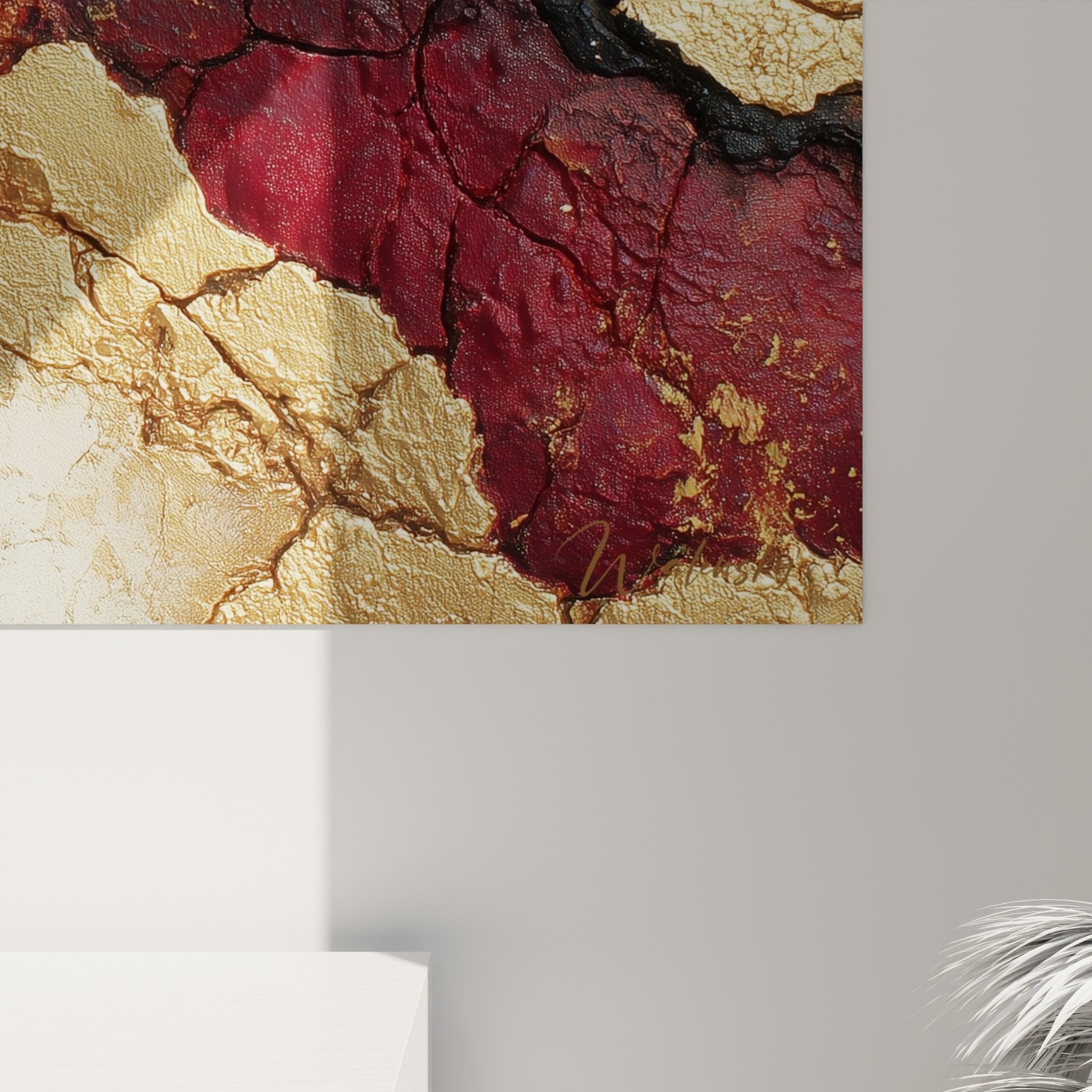Red and gold abstract painting wall view white wall feng shui south fire decoration