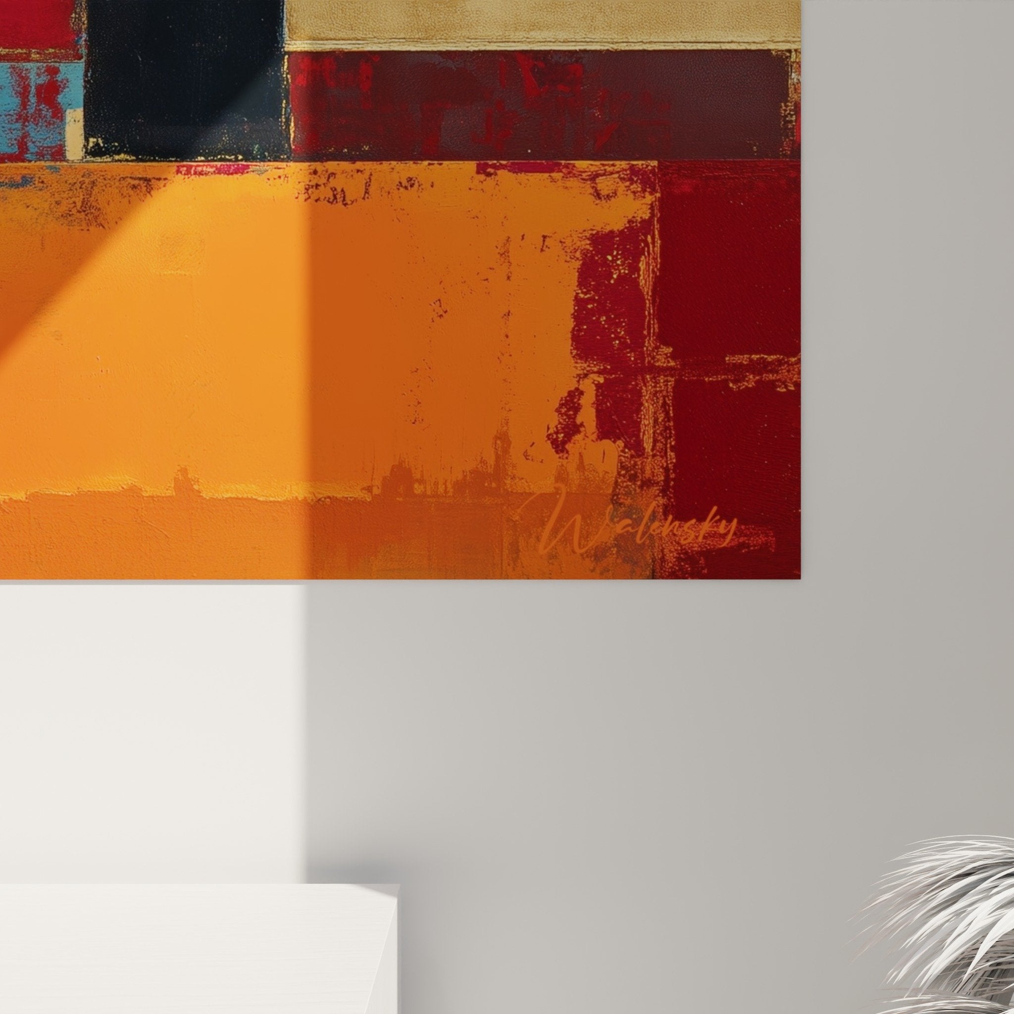 Vue ensemble tableau mural abstrait rouge orange dore decoration interieur moderne feng shui sud feu