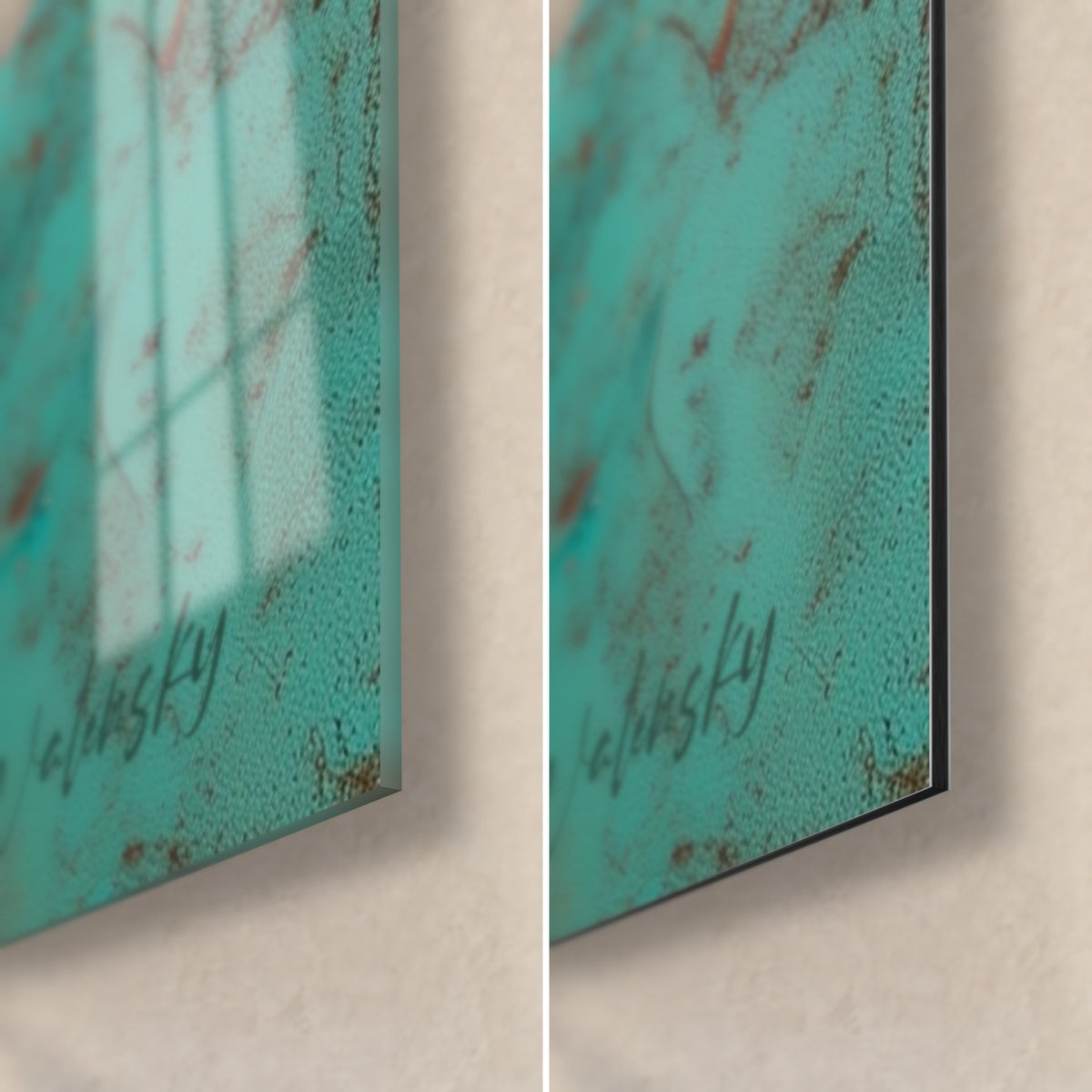 Schilderij met rode en turquoise penseelstreken, rechtsonder: glanzend acrylglas links, mat Dibond-aluminium rechts